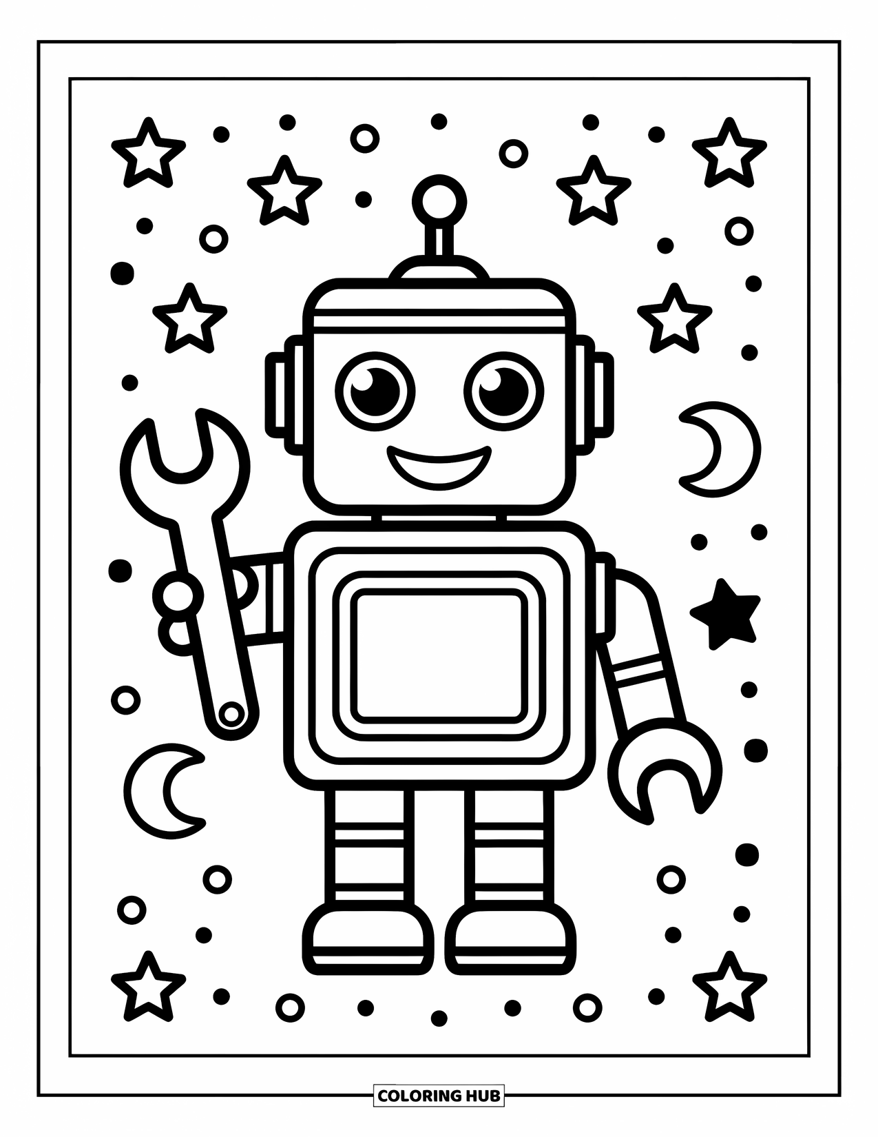 Kolorowanka z robotem dla dzieci: Robot z okrągłym ciałem trzyma zabawkę-klucz z uśmiechem