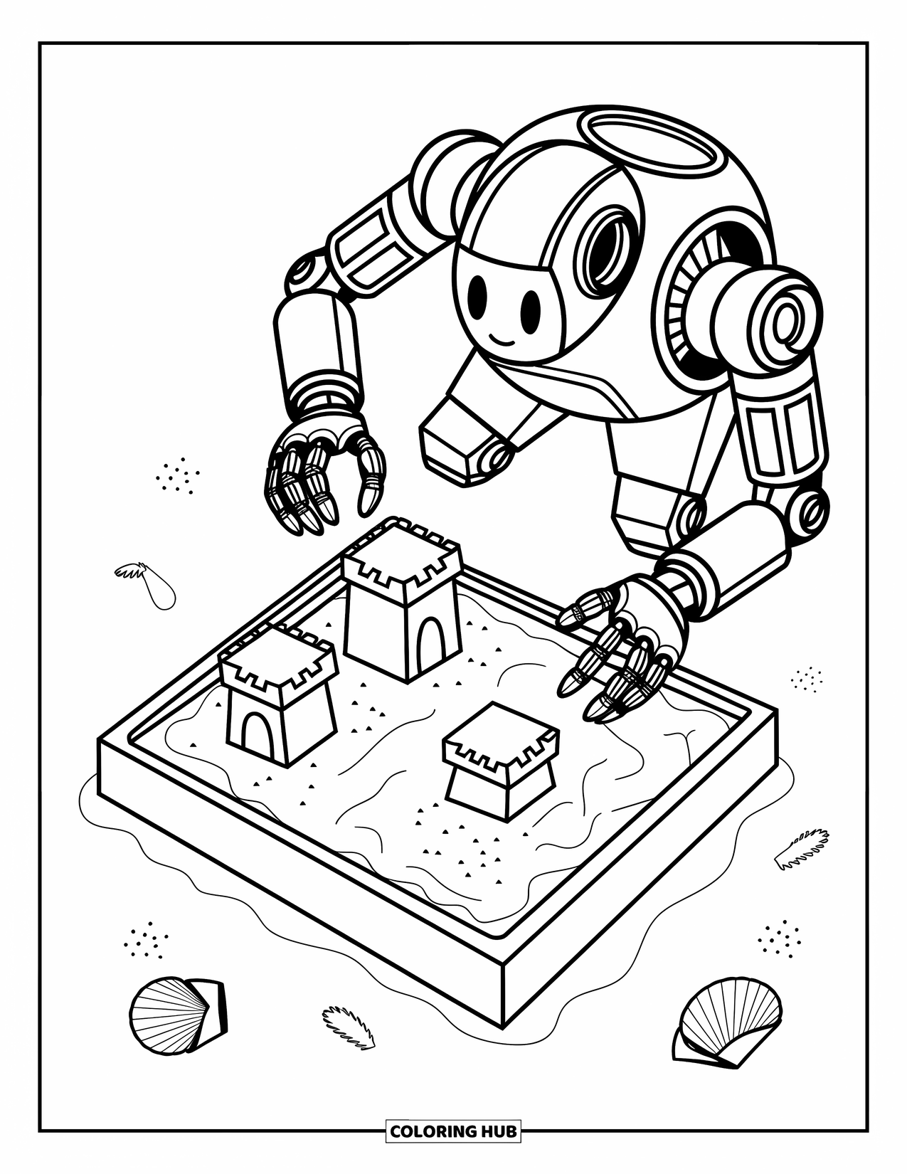 Kolorowanka z robotem dla dzieci: Robot z mechanicznymi ramionami buduje zamek z piasku z wieżami i śladami stóp na plaży