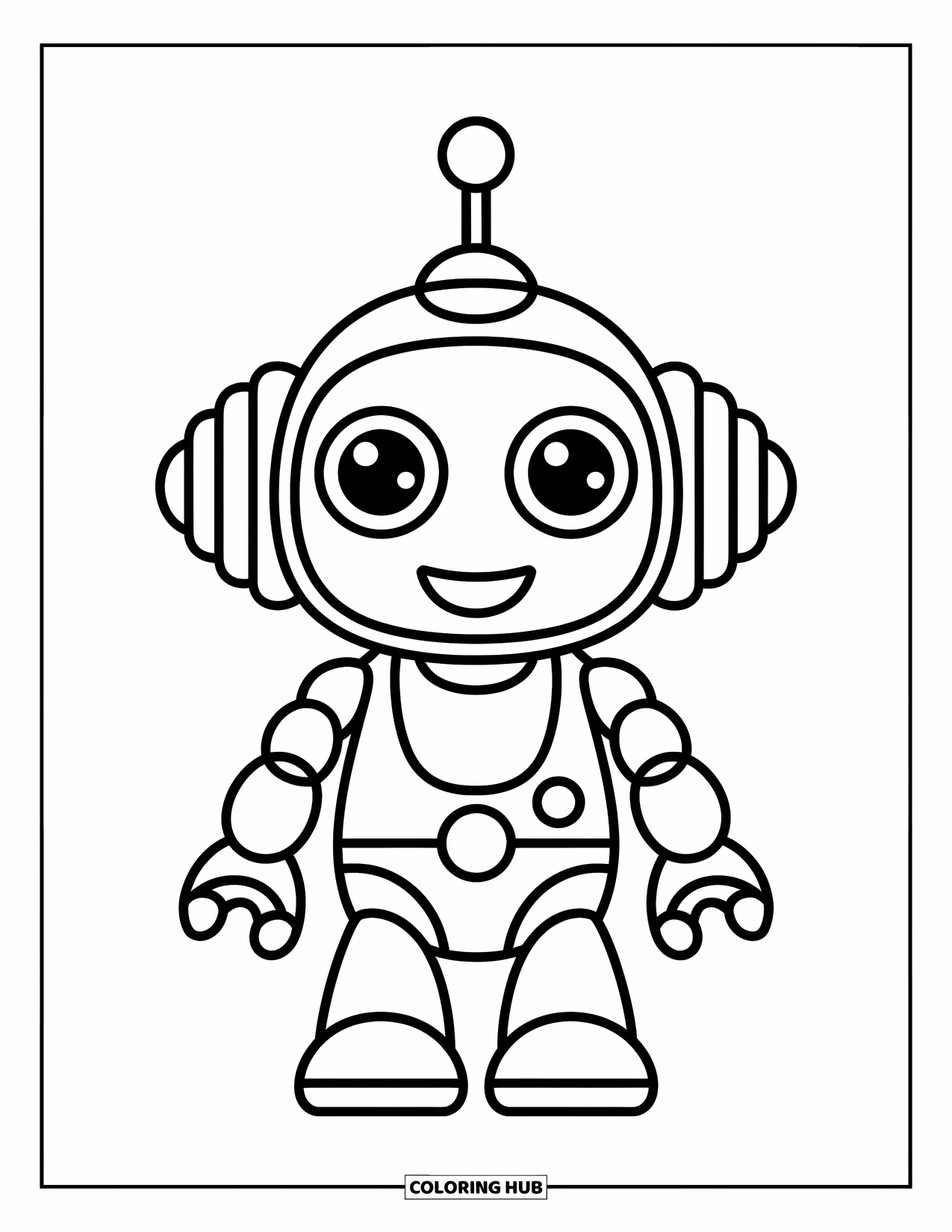 Kolorowanka z robotem dla dzieci: Okrągły robot z małymi kółkami i dużym uśmiechem macha