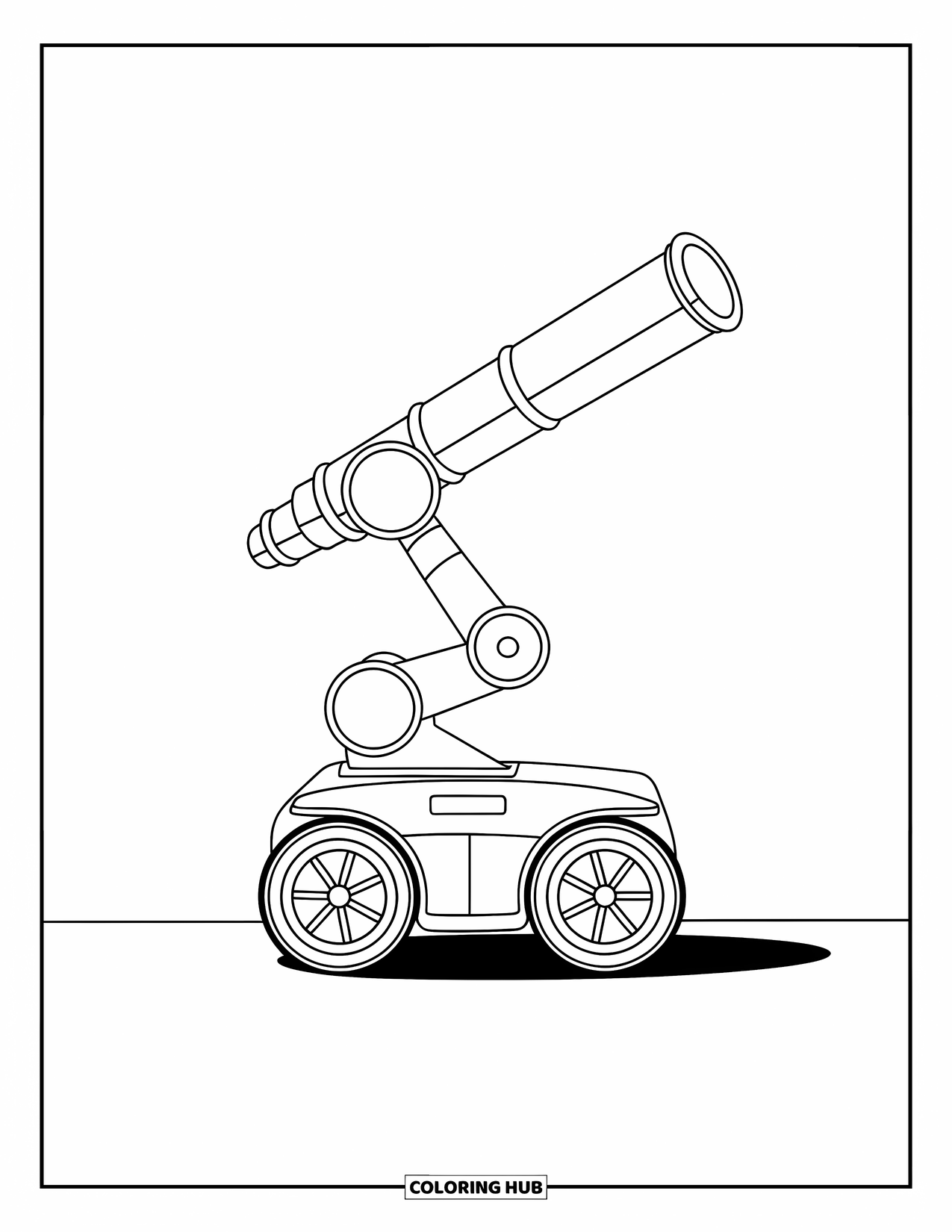 Kolorowanka z robotem dla dzieci: Jednokołowy robot stoi wysoko z wyciągniętym ramieniem teleskopu