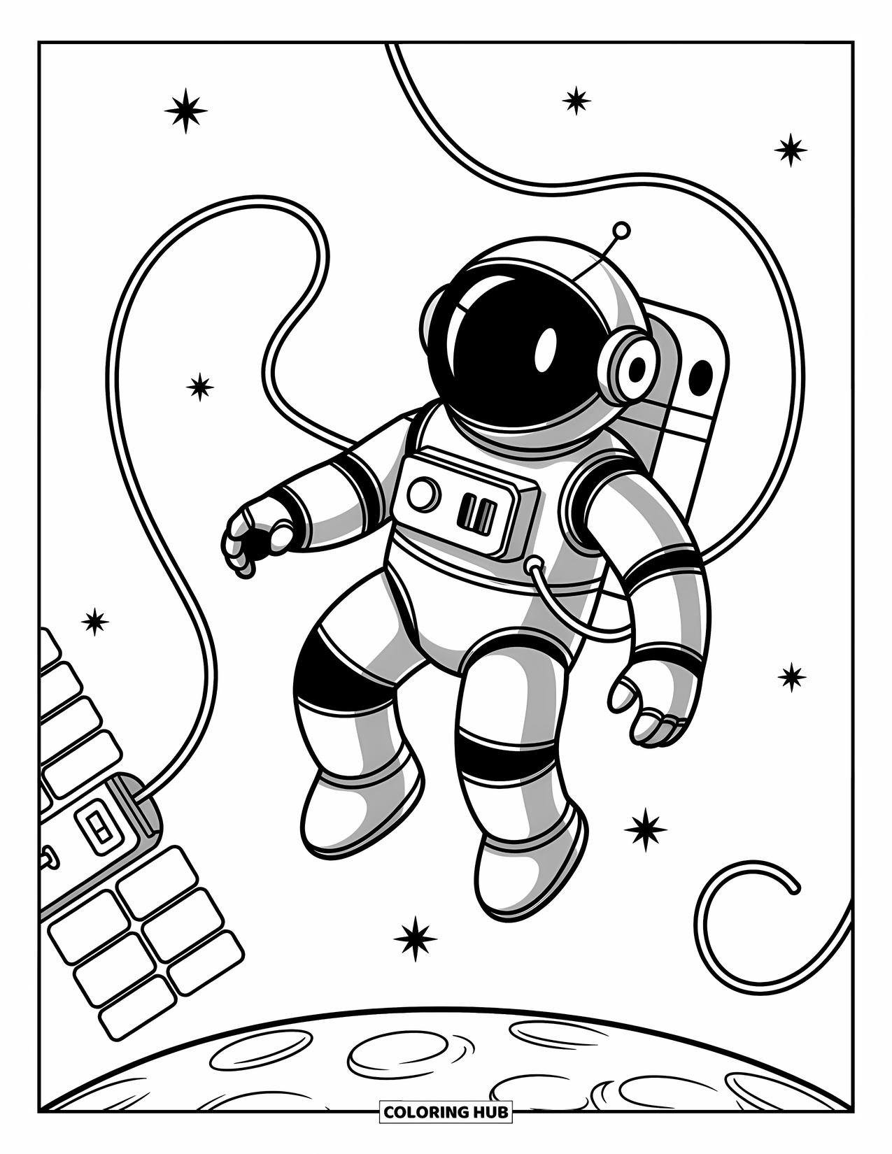 Kolorowanka z robotem dla dzieci: Elegancki robot-astronauta dryfuje w kosmosie połączony liniami kablowymi