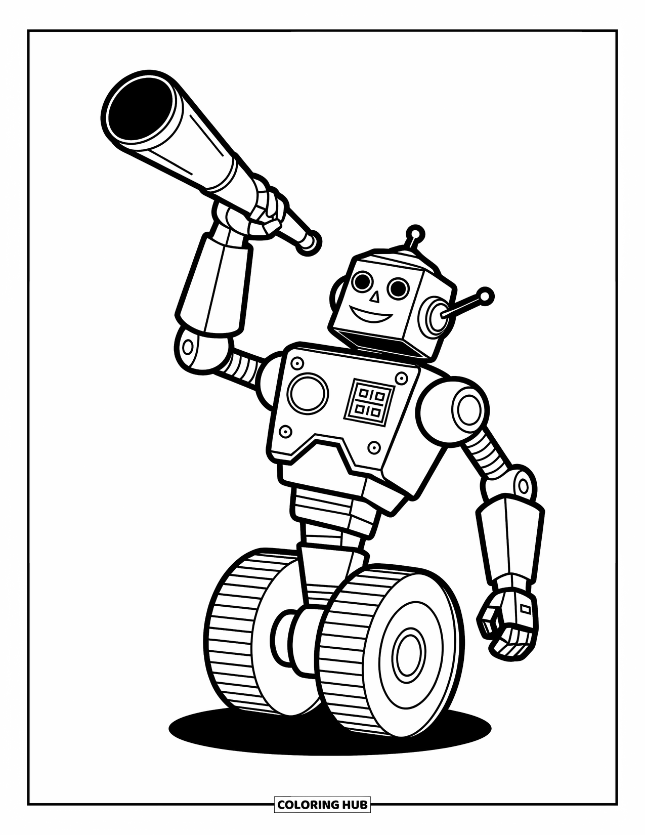 Kolorowanka z robotem dla dzieci: Elegancki robot balansuje na jednym kole z wysoko podniesionym ramieniem teleskopu