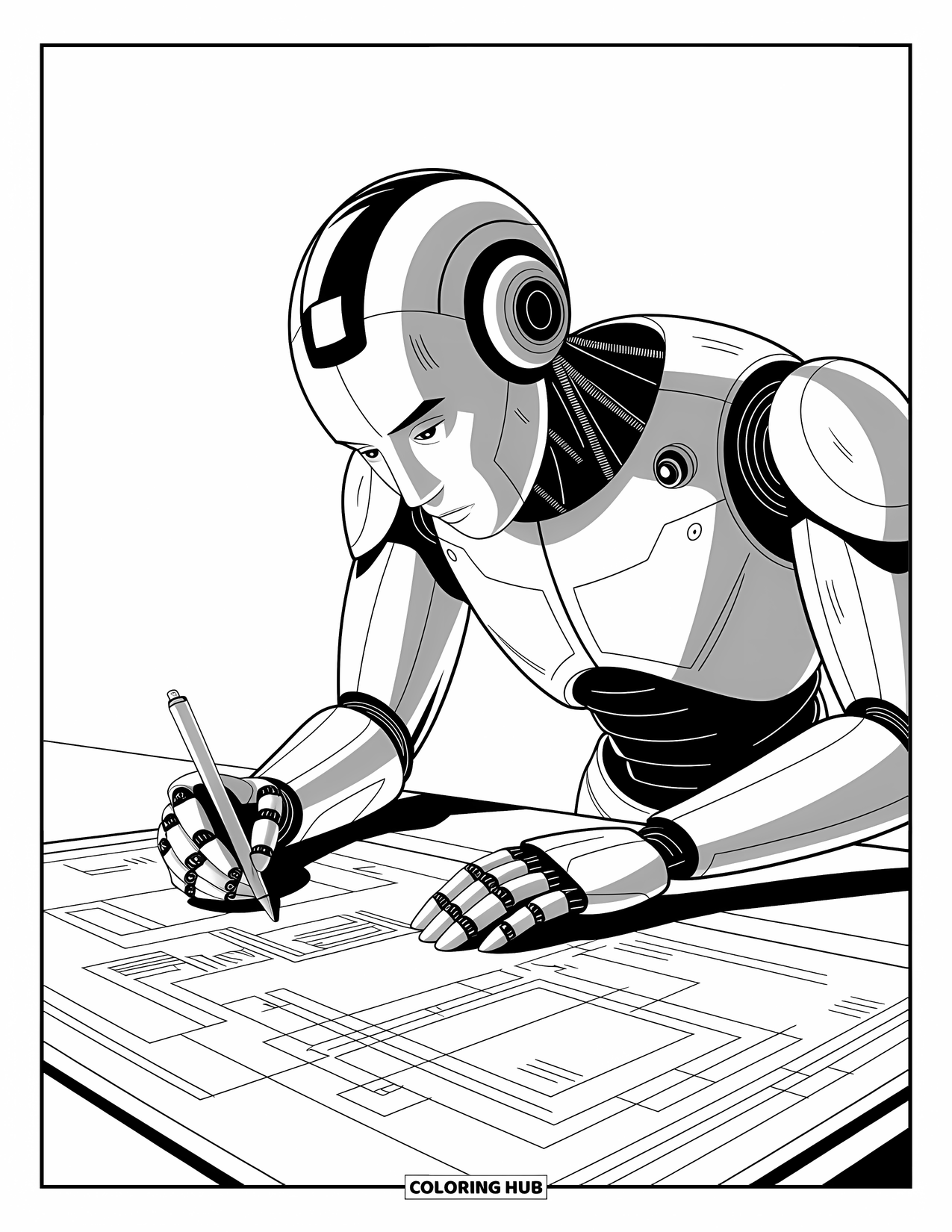 Kolorowanka z robotem dla dzieci: Elegancki robot projektuje gadżety na świecącym ekranie z planami
