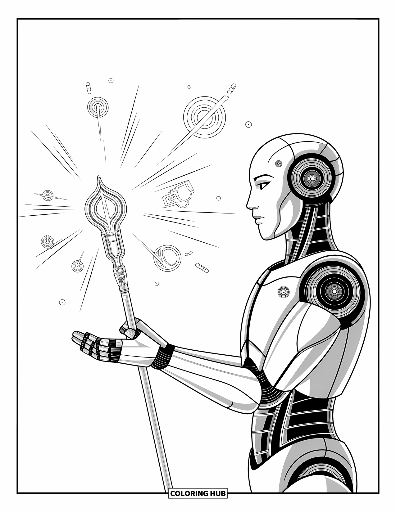 Kolorowanka z robotem dla dzieci: Elegancki robot trzyma laskę z wirującymi wzorami i unoszącymi się symbolami