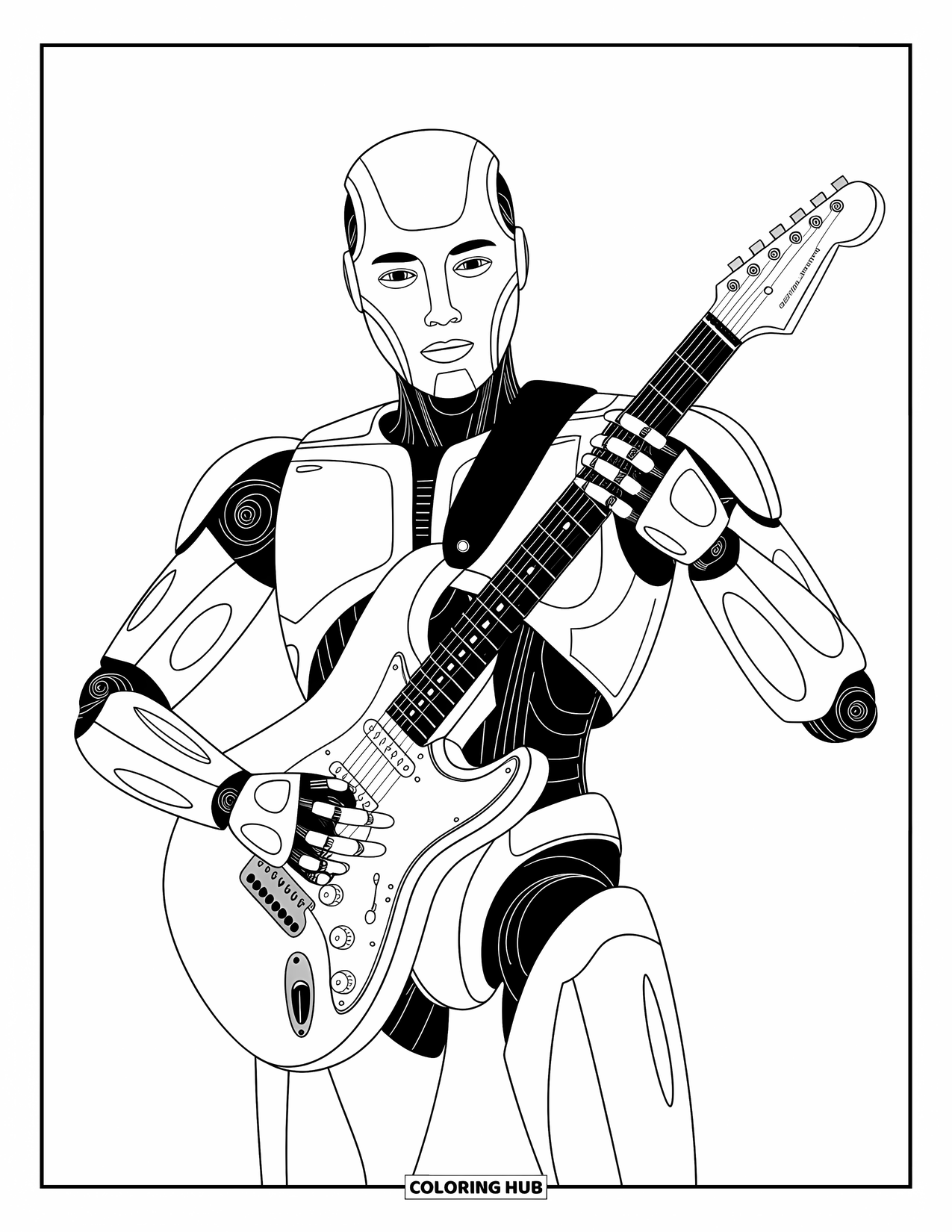 Kolorowanka z robotem dla dzieci: Elegancki robot trzyma gitarę elektryczną, gotowy do gry z wyważoną elegancją