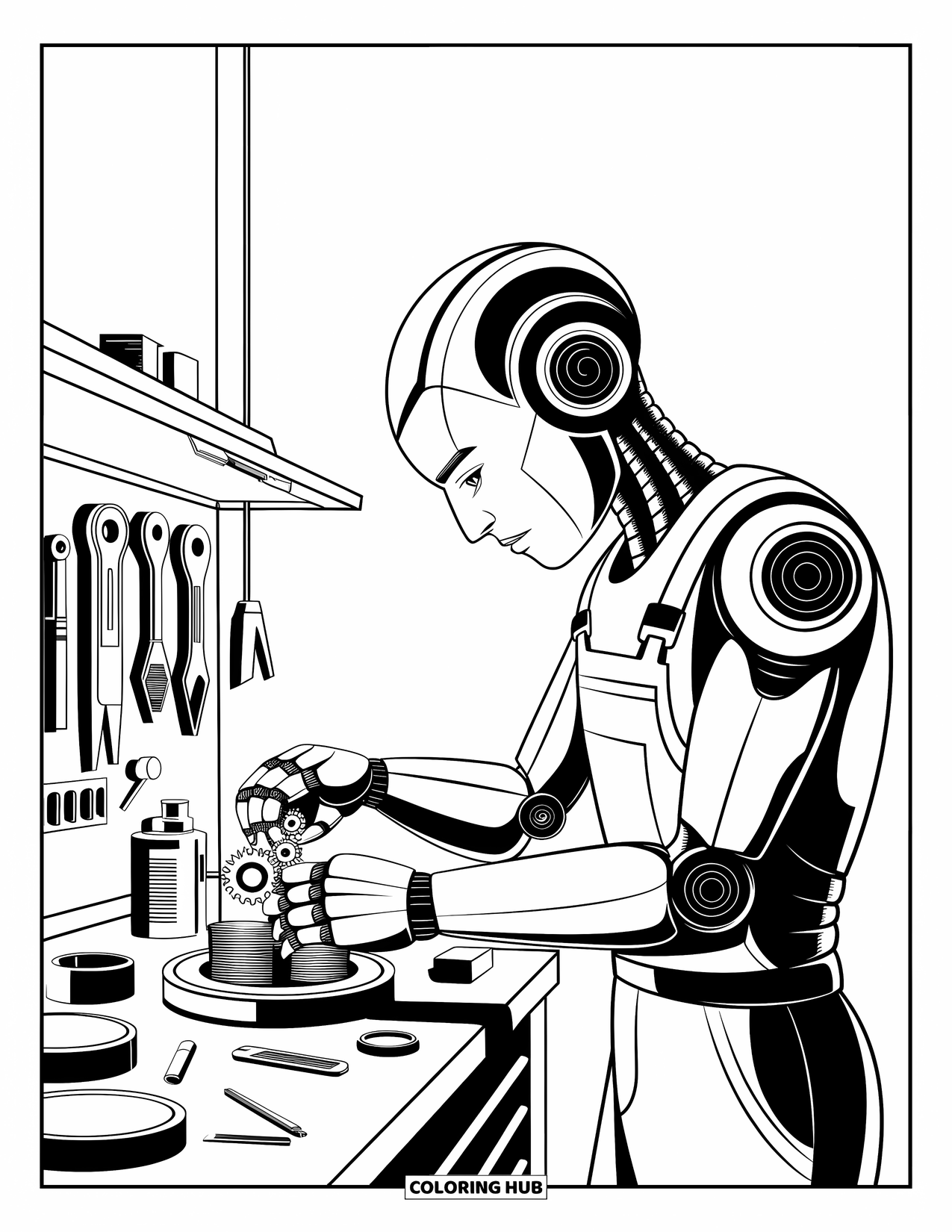 Kolorowanka z robotem dla dzieci: Elegancki robot-mechanik precyzyjnie dostraja koła zębate otoczone starannie ułożonymi narzędziami