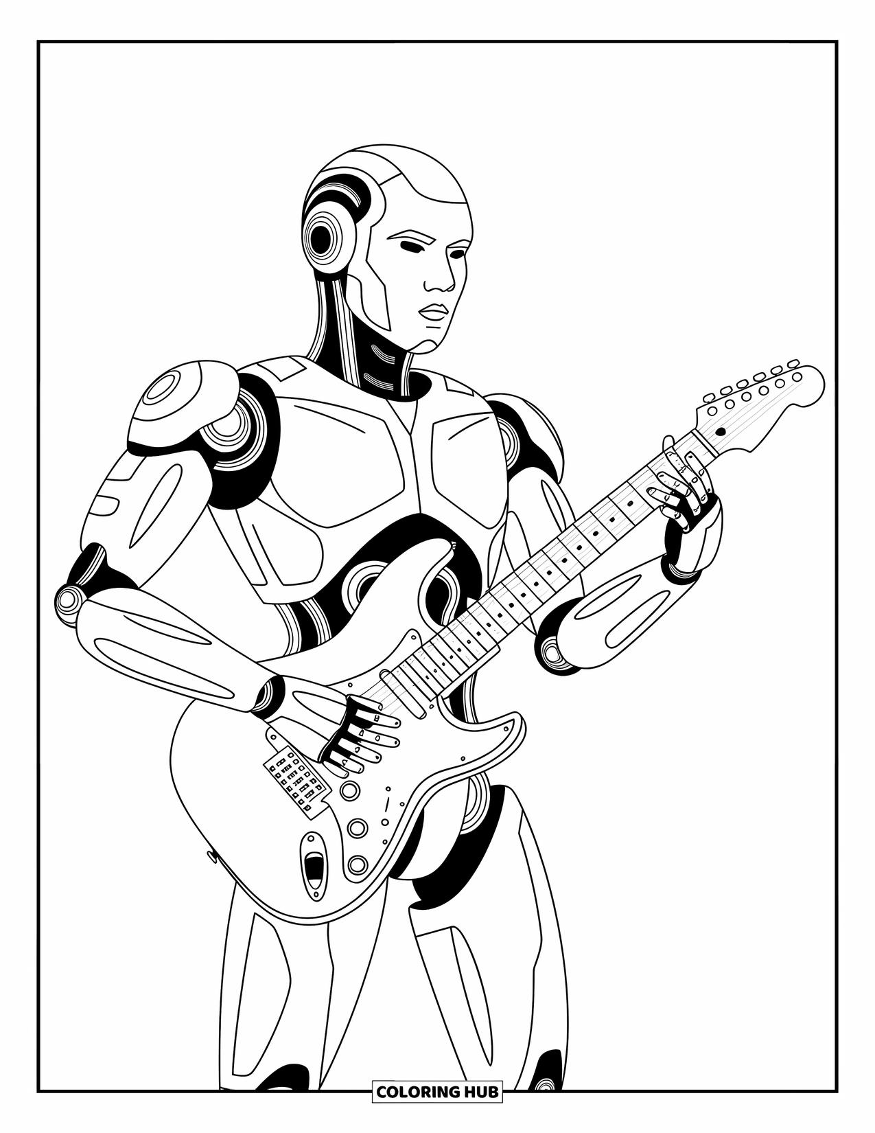Kolorowanka z robotem dla dzieci: Elegancki robot gra na gitarze elektrycznej z dynamicznymi wzorami na ramionach