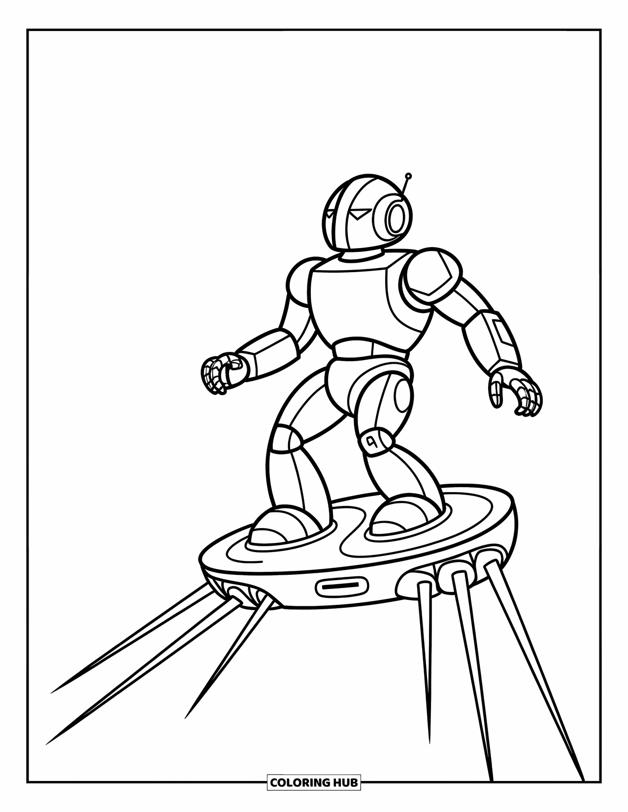 Kolorowanka z robotem dla dzieci: Elegancki robot jeździ na hoverboardzie z delikatnymi liniami odrzutowymi pokazującymi ruch