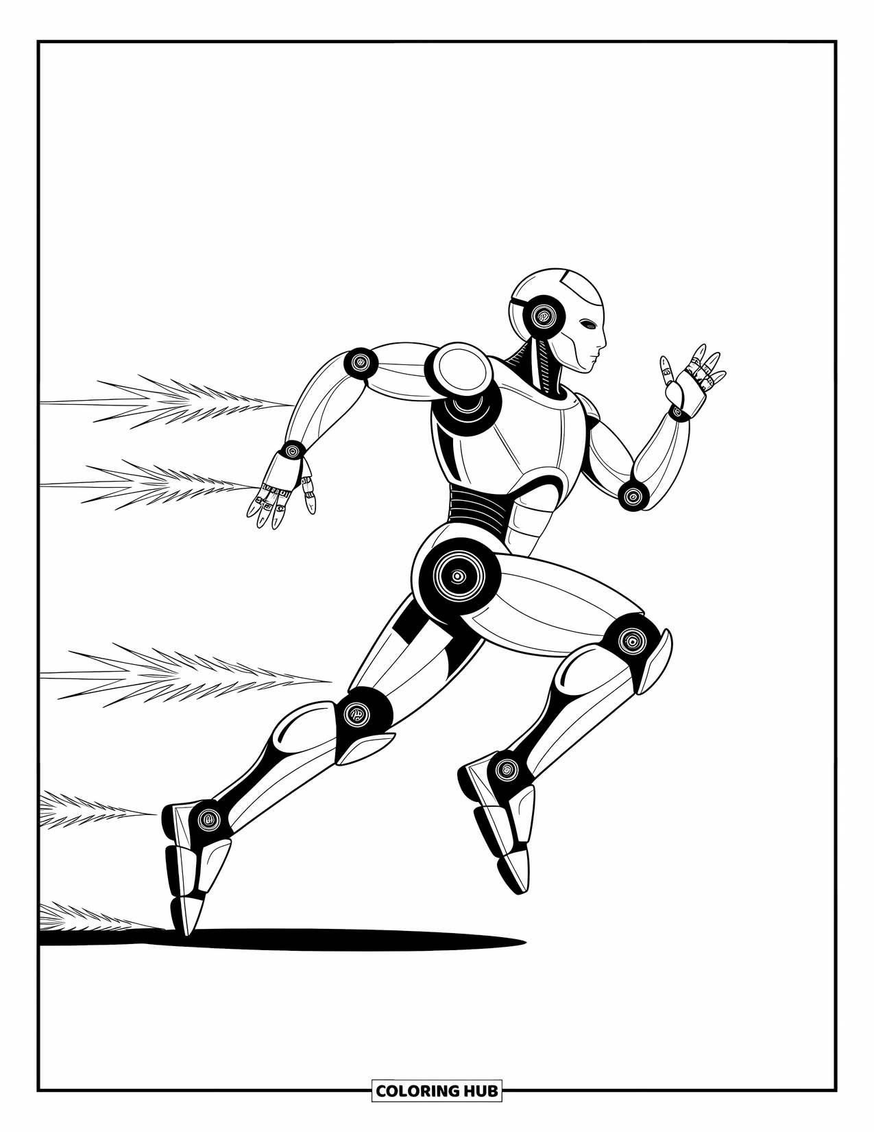 Kolorowanka z robotem dla dzieci: Elegancki robot biegnie do przodu z iskrami ciągnącymi się za jego kończynami