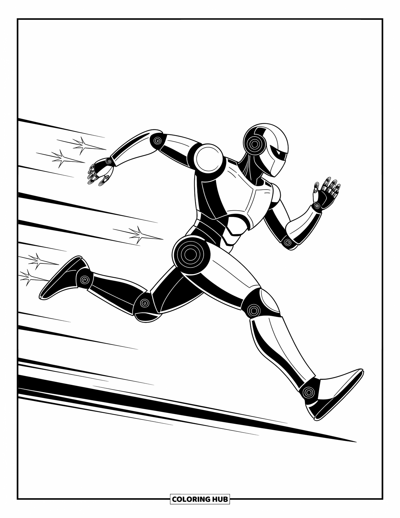Kolorowanka z robotem dla dzieci: Elegancki robot biegnie z iskrami ciągnącymi się za nim w wyraźnych czarnych liniach