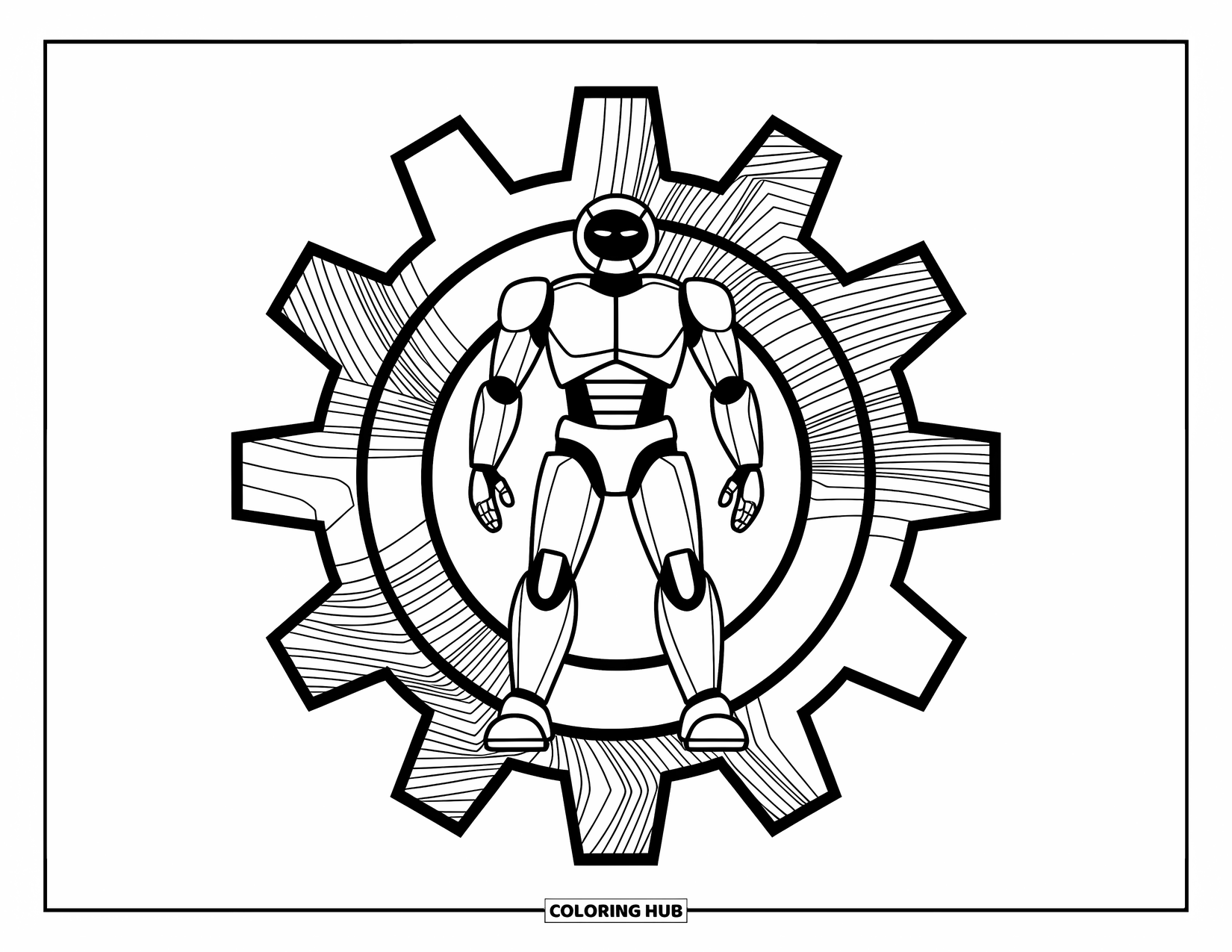 Kolorowanka z robotem dla dzieci: Elegancki robot stoi wewnątrz gigantycznego koła zębatego ze skomplikowanymi mechanicznymi wzorami