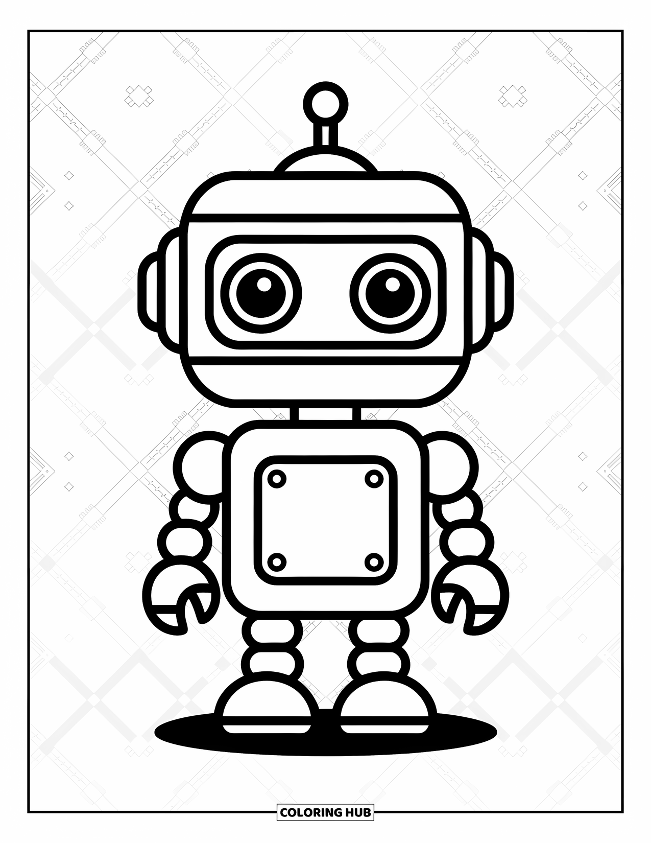 Kolorowanka z robotem dla dzieci: Mały robot z kwadratowym korpusem i dużymi okrągłymi oczami stoi nieruchomo