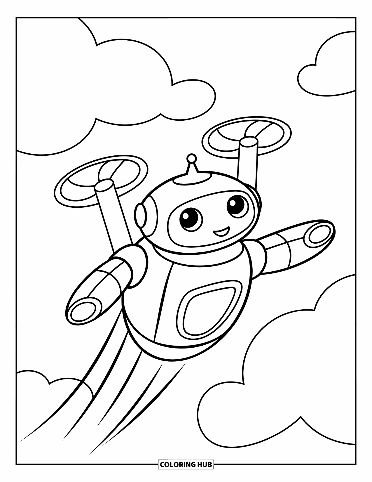 Kolorowanka z robotem dla dzieci: Mały robot ze śmigłami szybuje w powietrzu z radosnym wyrazem twarzy
