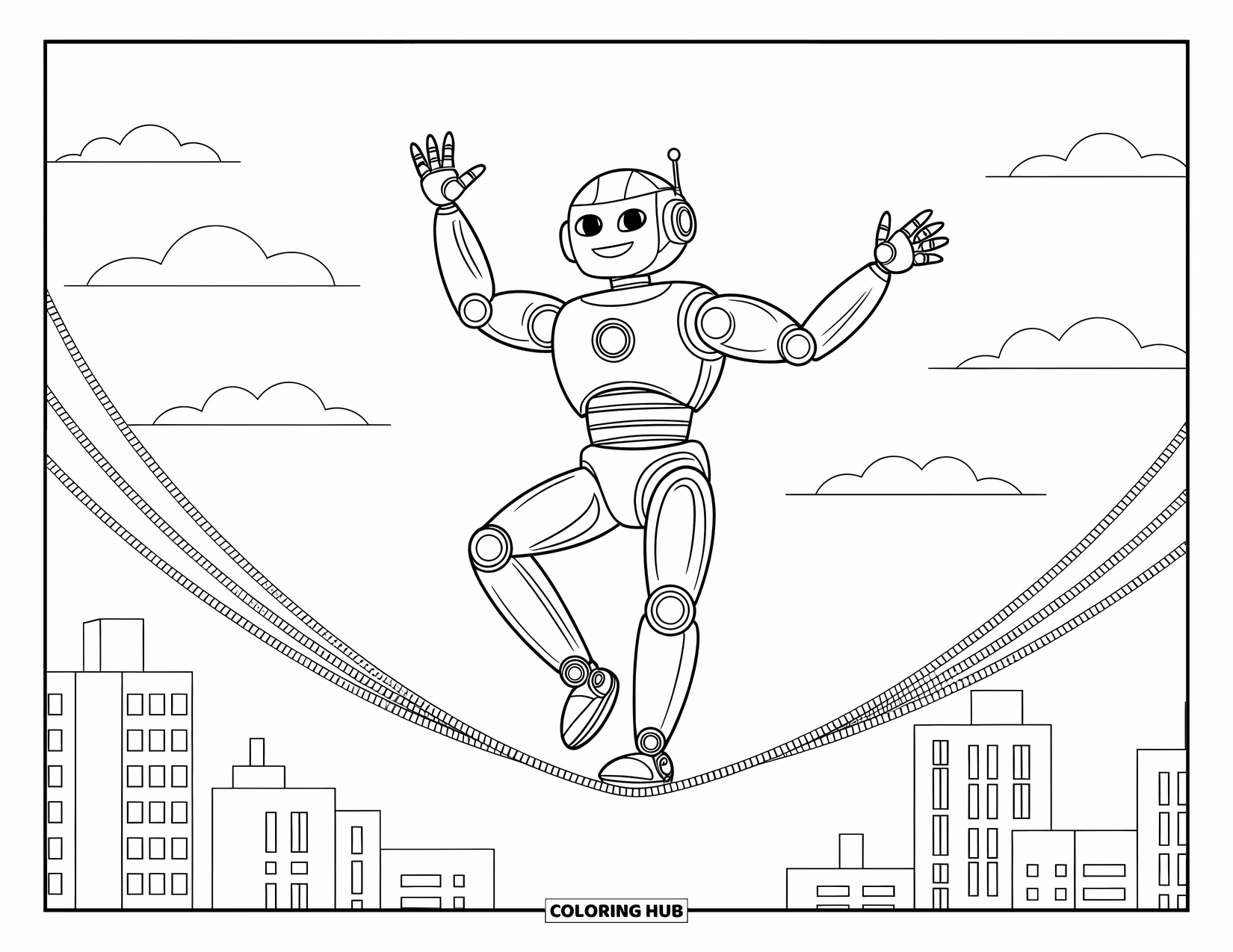 Kolorowanka z robotem dla dzieci: Uśmiechnięty robot balansuje na linie między wysokimi budynkami ze szczegółami miasta poniżej