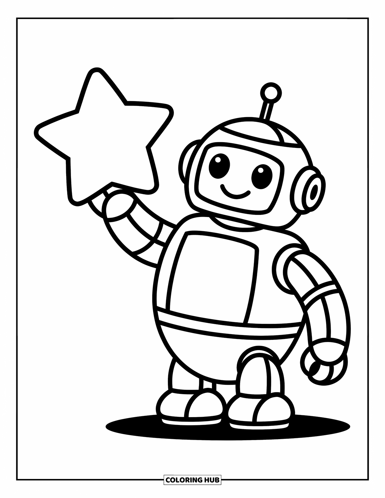 Kolorowanka z robotem dla dzieci: Uśmiechnięty robot trzyma jasną gwiazdę z wirującymi chmurami dookoła