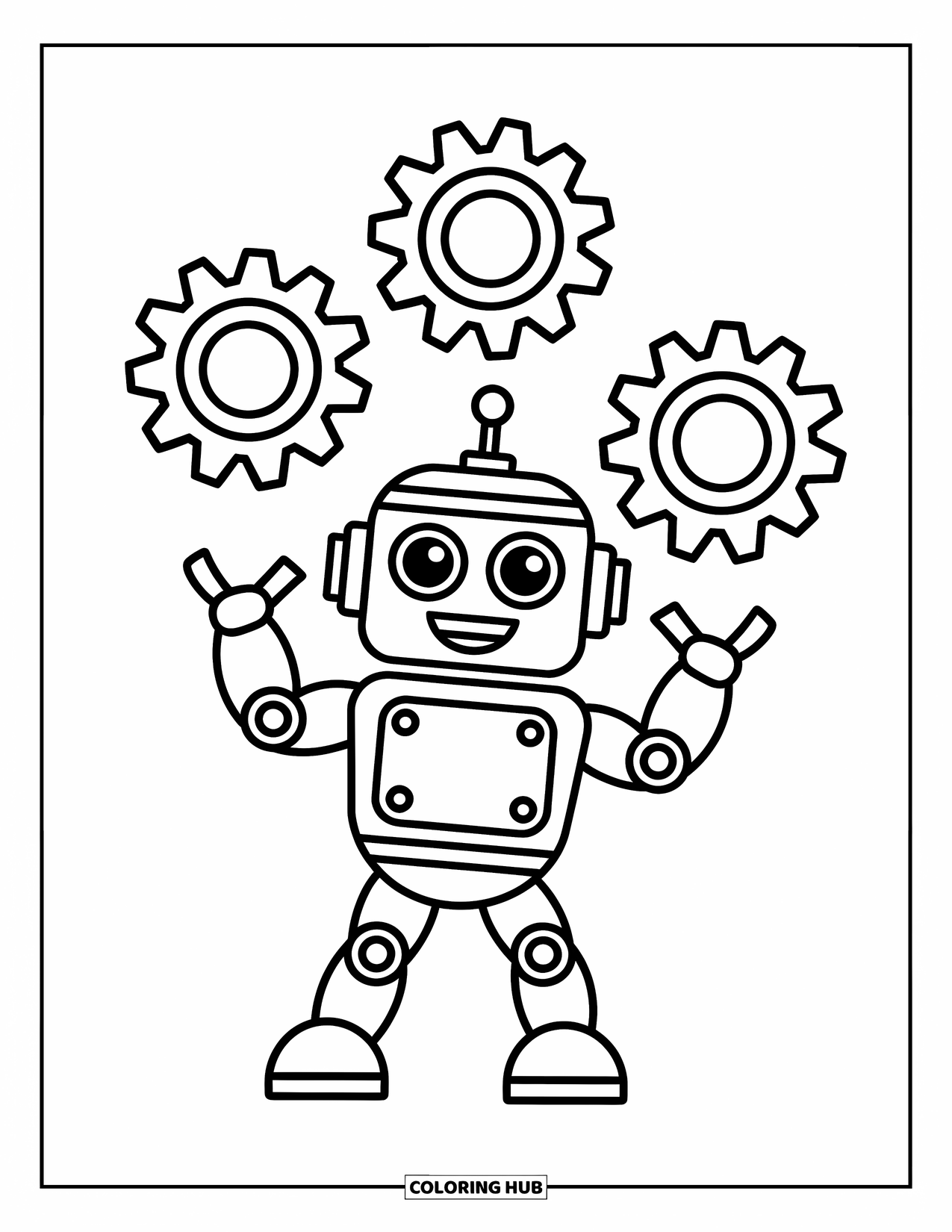 Kolorowanka z robotem dla dzieci: Uśmiechnięty robot żongluje szczegółowymi zębatkami z zabawnymi wzorami wokół