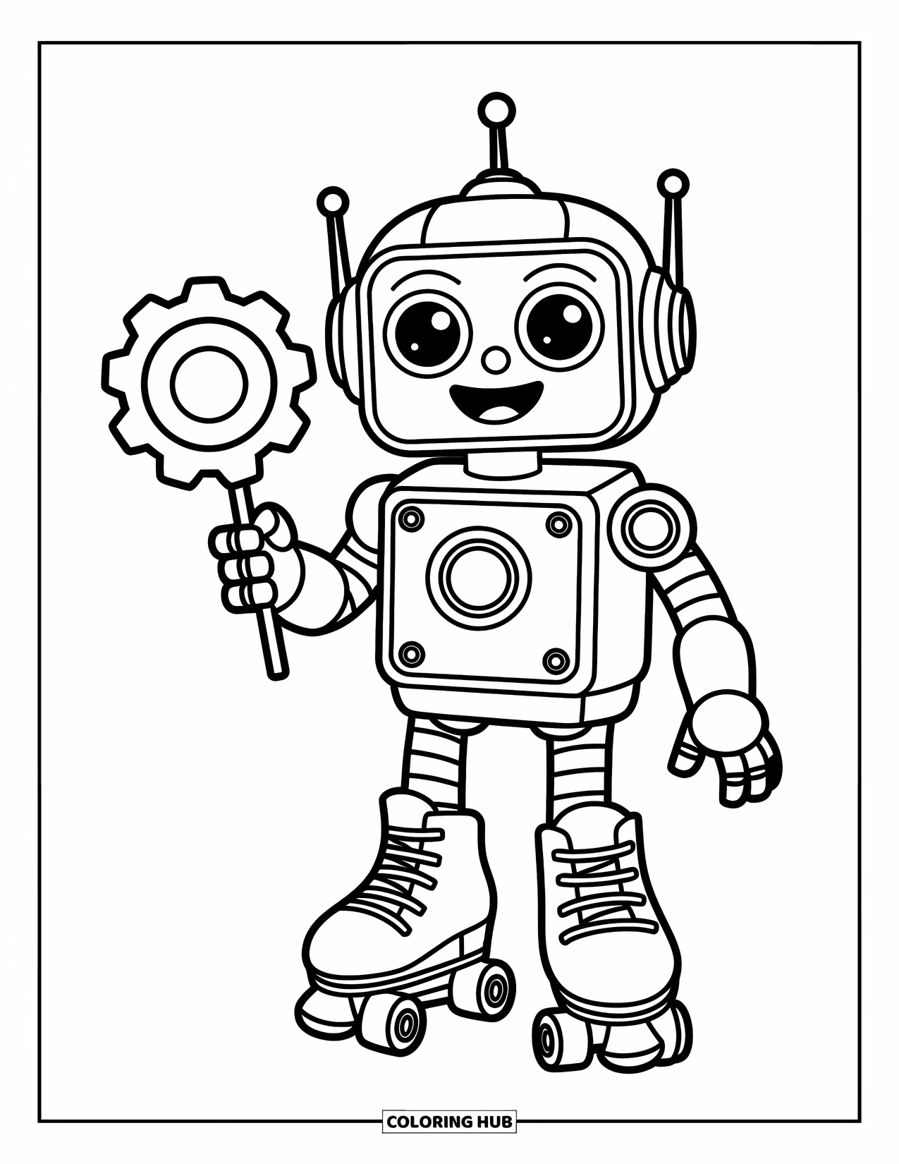 Kolorowanka z robotem dla dzieci: Uśmiechnięty robot na rolkach trzyma lizaka z zębatką z widocznymi guzikami i śrubami