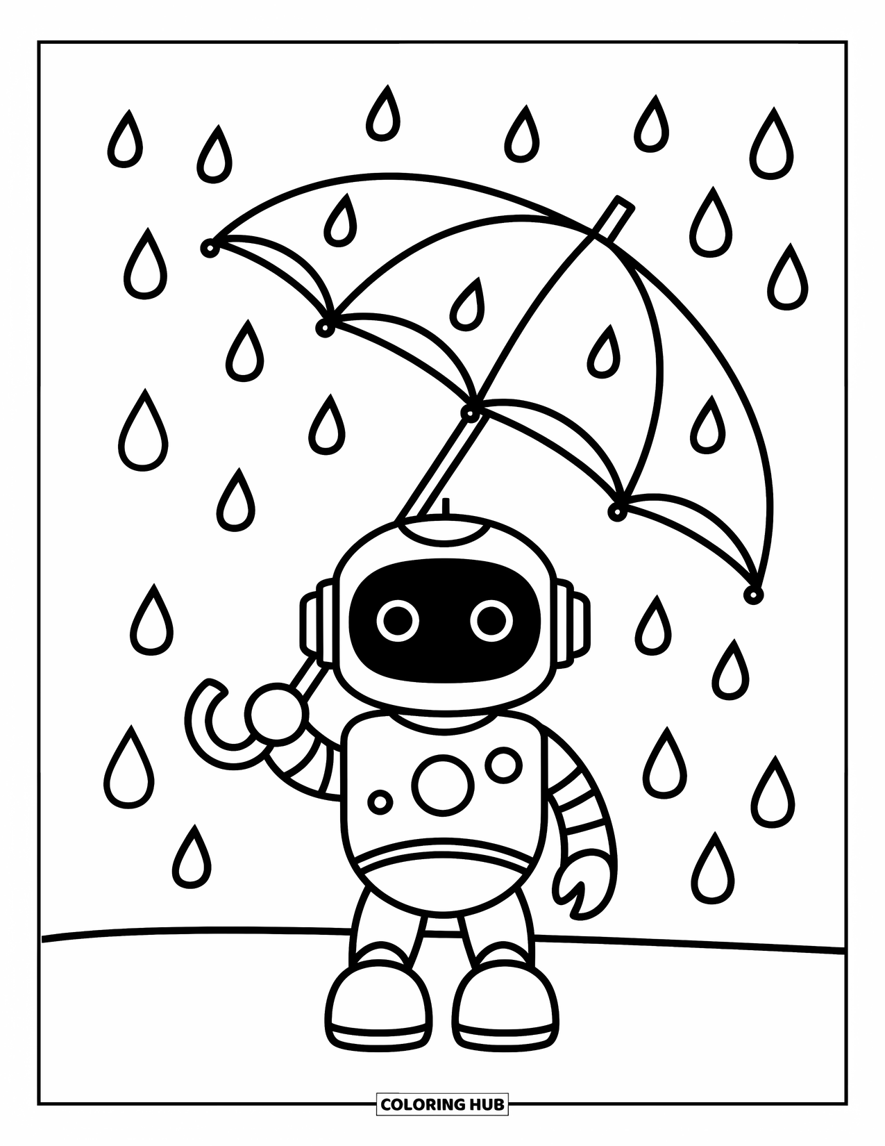 Kolorowanka z robotem dla dzieci: Mały robot trzyma parasol z kroplami deszczu spadającymi dookoła