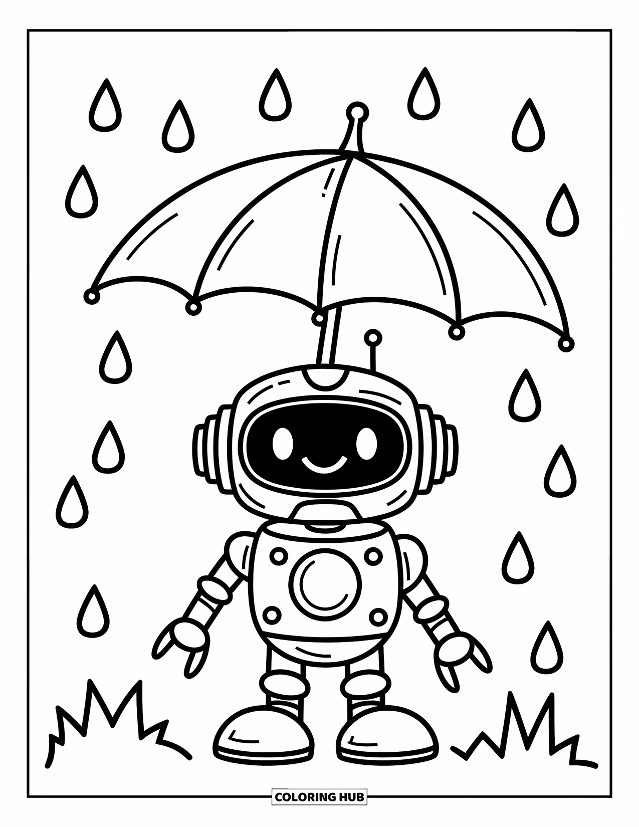 Kolorowanka z robotem dla dzieci: Mały robot trzyma parasol z kroplami deszczu spadającymi wokół