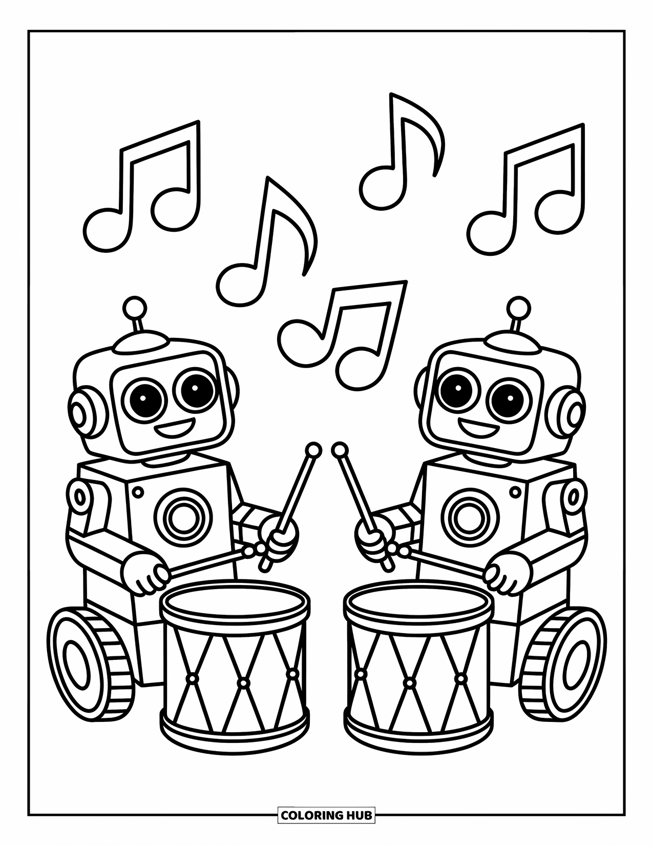 Kolorowanka z robotem dla dzieci: Dwa przyjazne roboty grają muzykę na zabawkach-bębenkach z nutami dookoła