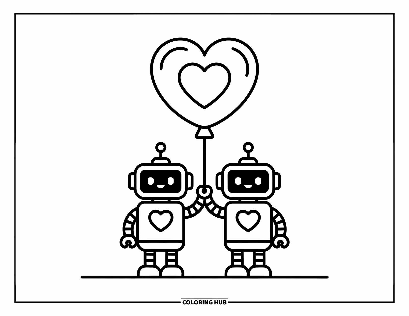 Kolorowanka z robotem dla dzieci: Dwa szczęśliwe roboty trzymają duży balon w kształcie serca między sobą