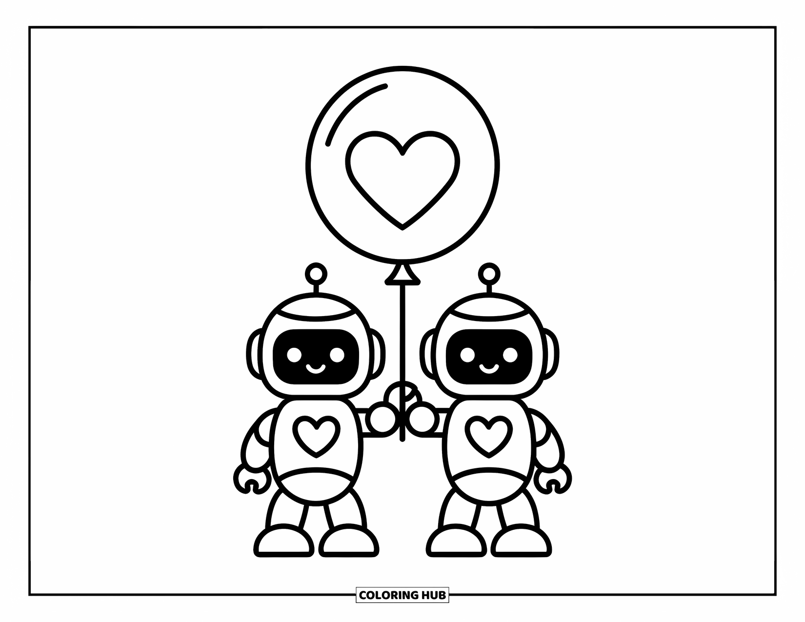 Kolorowanka z robotem dla dzieci: Dwa figlarne roboty dzielą się balonem w kształcie serca w powietrzu