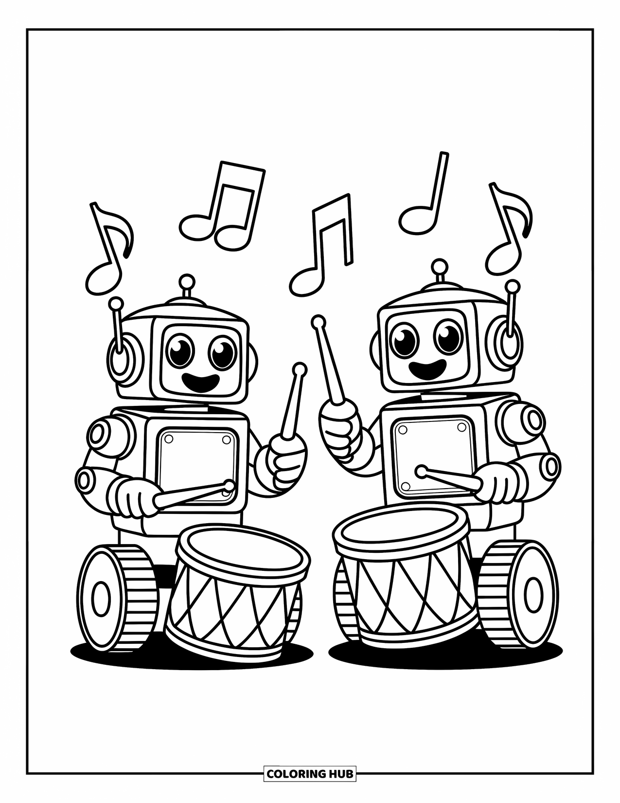Kolorowanka z robotem dla dzieci: Dwa figlarne roboty uderzają w bębny z unoszącymi się nutami muzycznymi