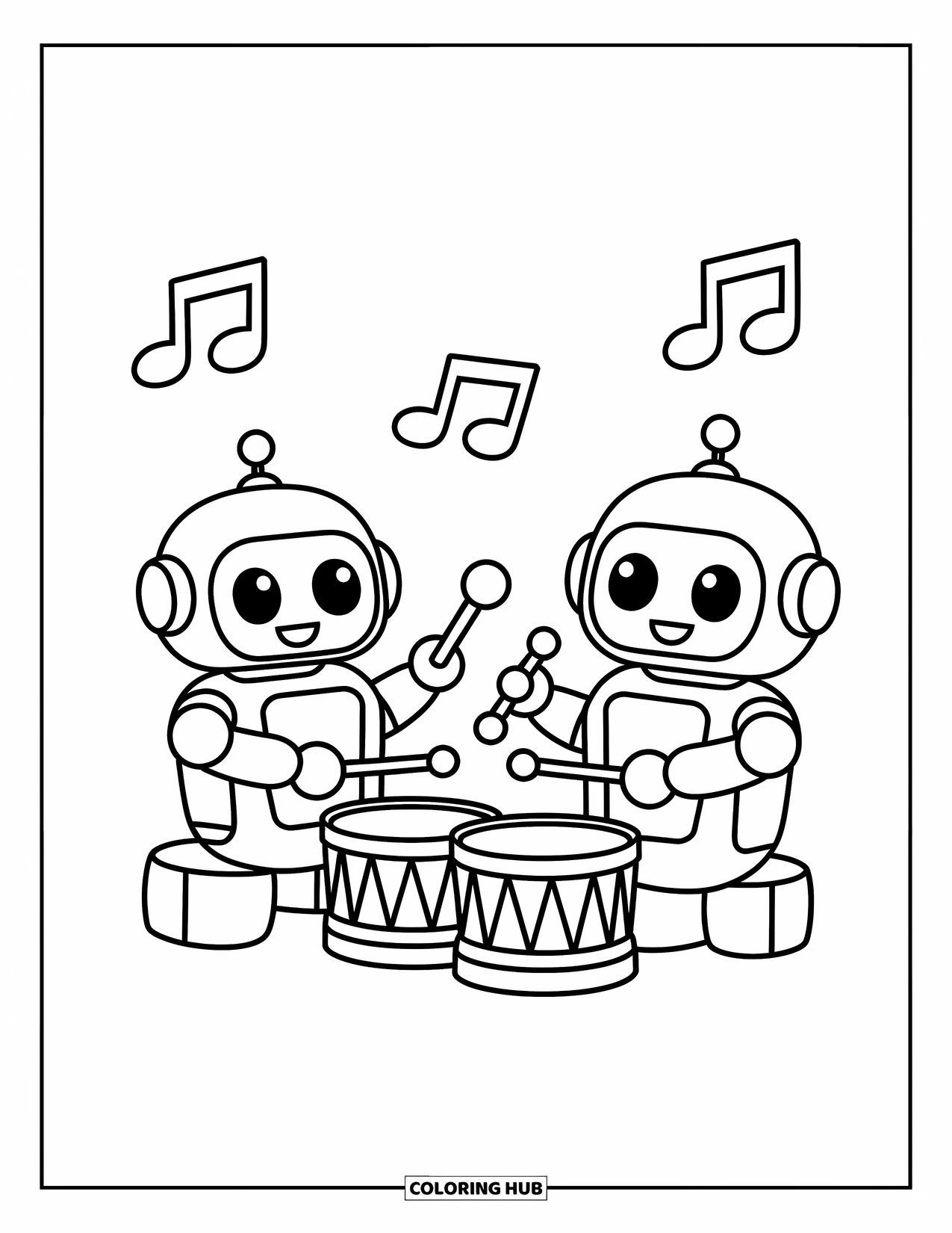 Kolorowanka z robotem dla dzieci: Dwa roboty grają radośnie na bębnach z nutami tańczącymi nad nimi