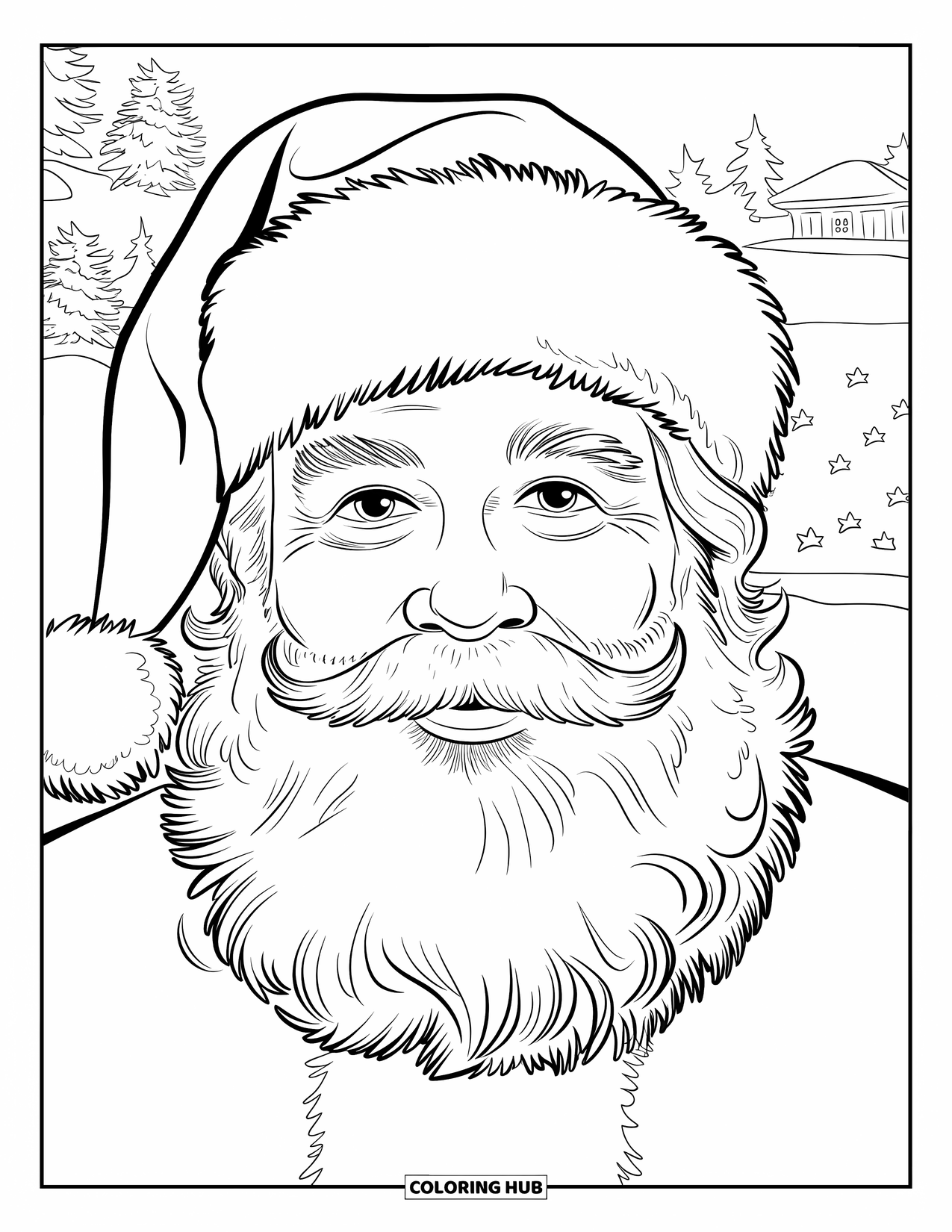 Kolorowanka z Mikołajem dla dorosłych: Zbliżenie twarzy Mikołaja, każdy zmarszczek i pasmo jego brody starannie narysowane