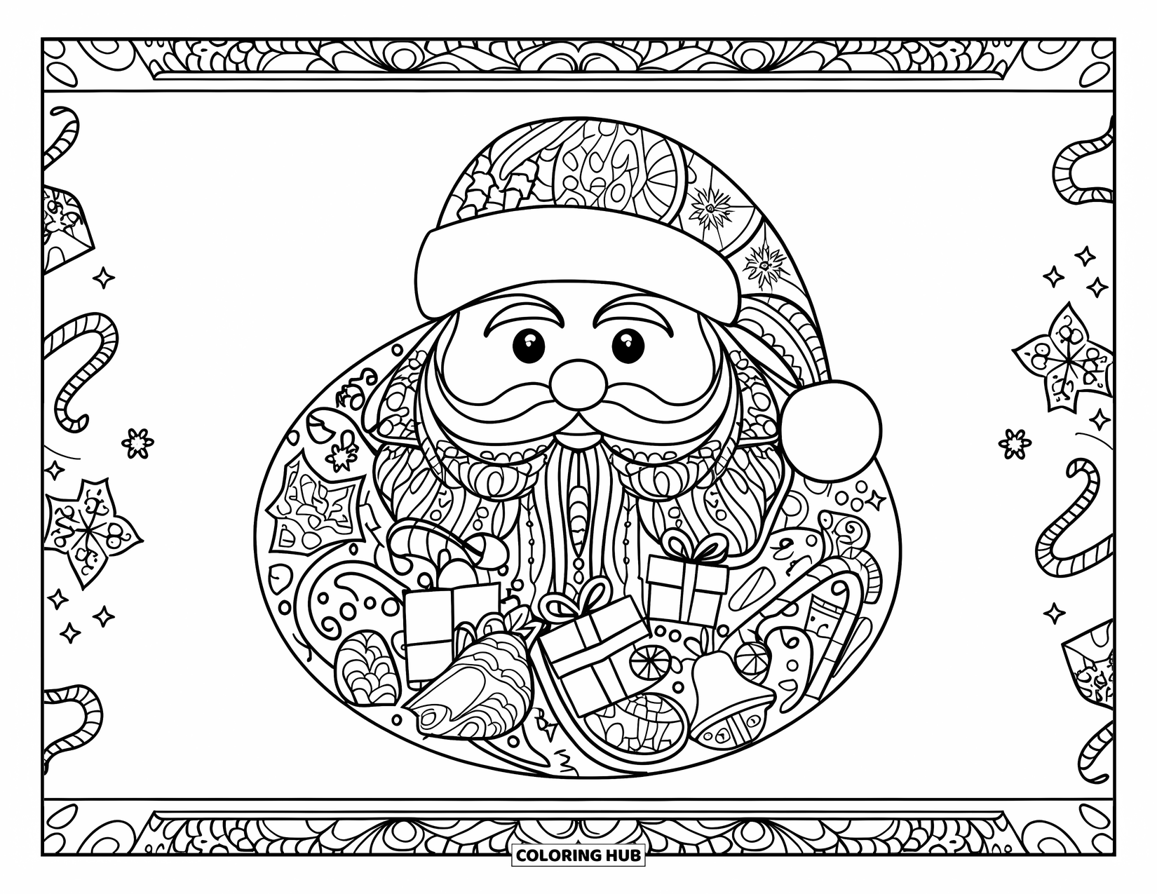 Kolorowanka z Mikołajem dla dorosłych: Świąteczny wzór z Mikołajem wypełniony symbolami świątecznymi, oferujący relaksujące i artystyczne doświadczenie