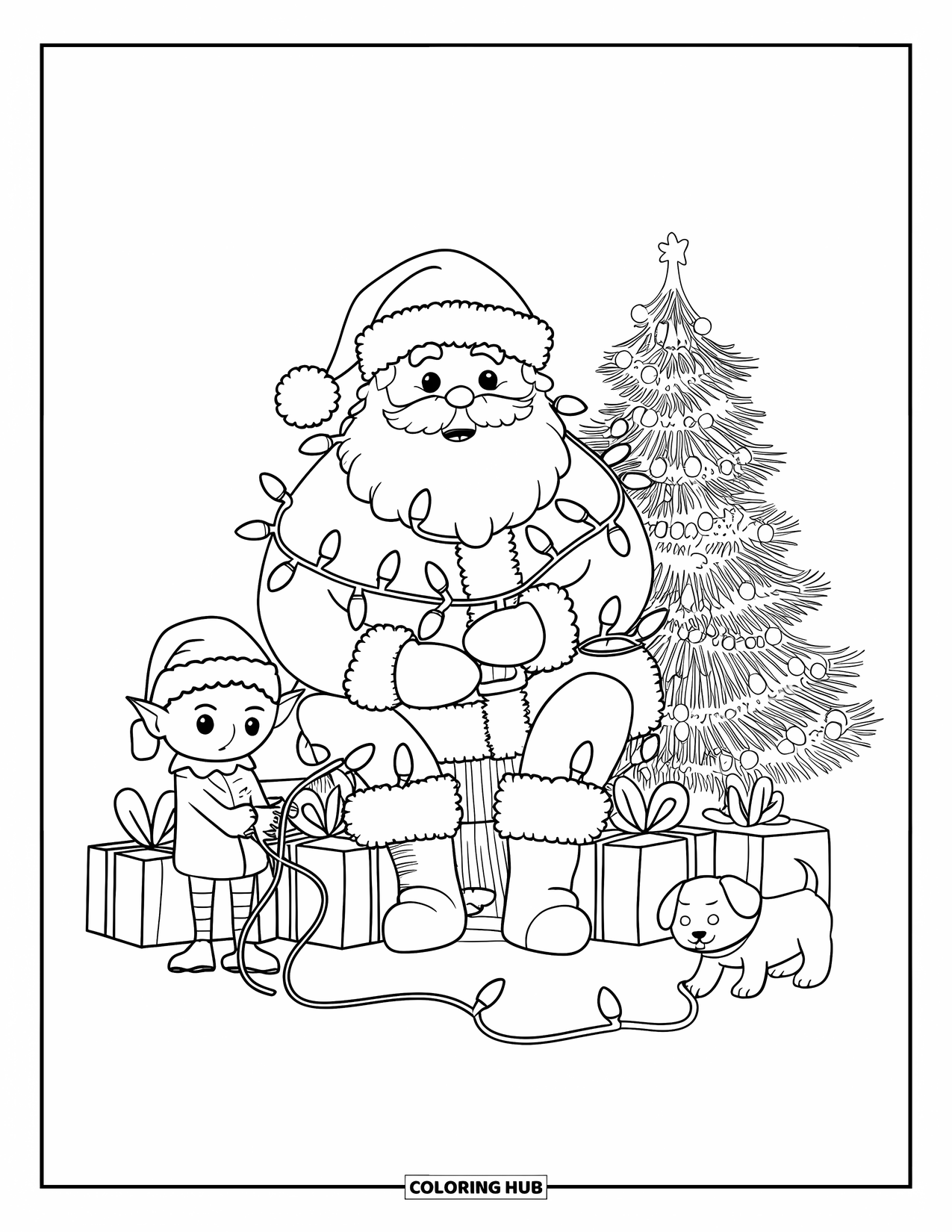 Kolorowanka z Mikołajem dla dorosłych: Elf chichocze, gdy Mikołaj zmaga się z poplątanymi lampkami choinkowymi na stosie prezentów