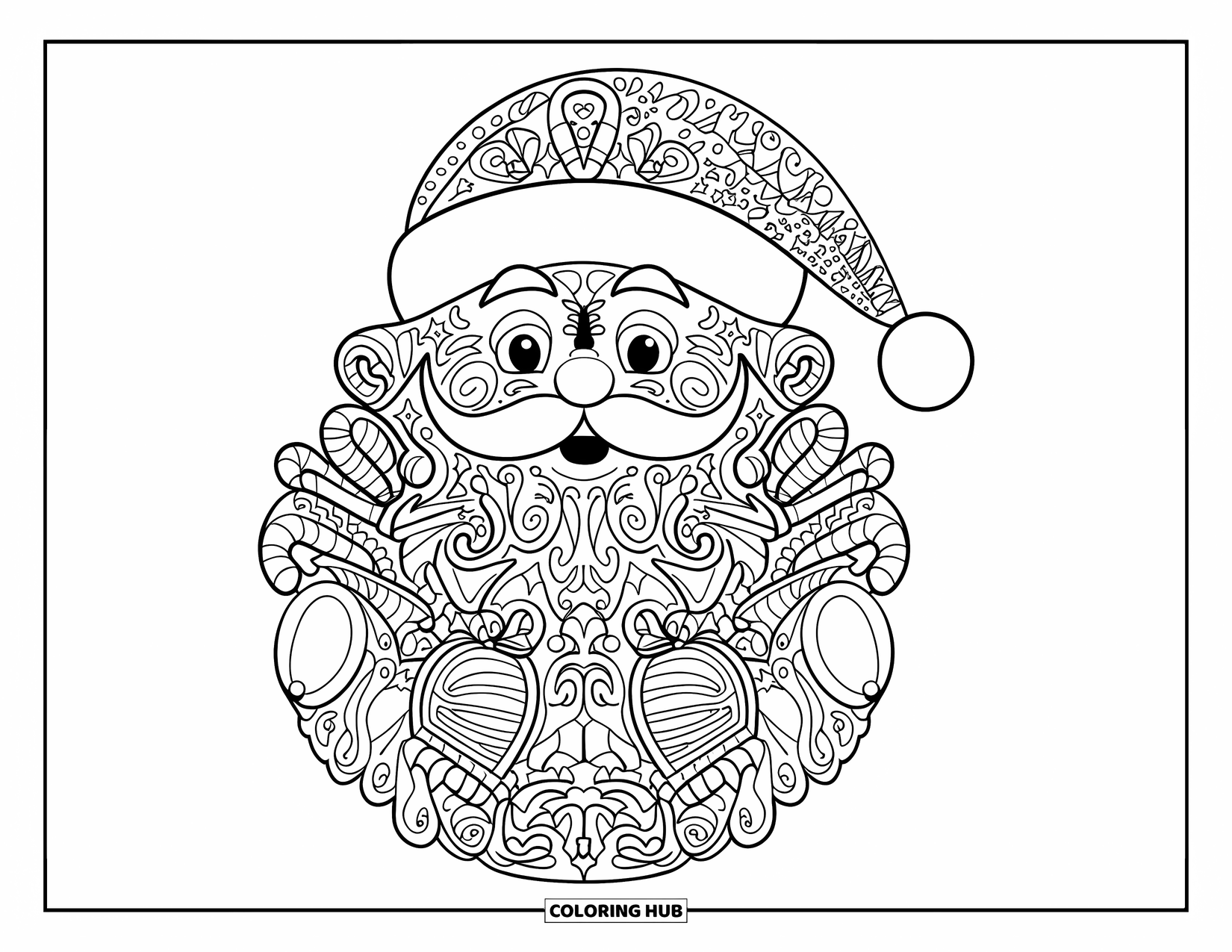 Kolorowanka z Mikołajem dla dorosłych: Skomplikowany wzór Mikołaja otoczony bożonarodzeniowymi bazgrołami, idealny na kreatywny świąteczny moment