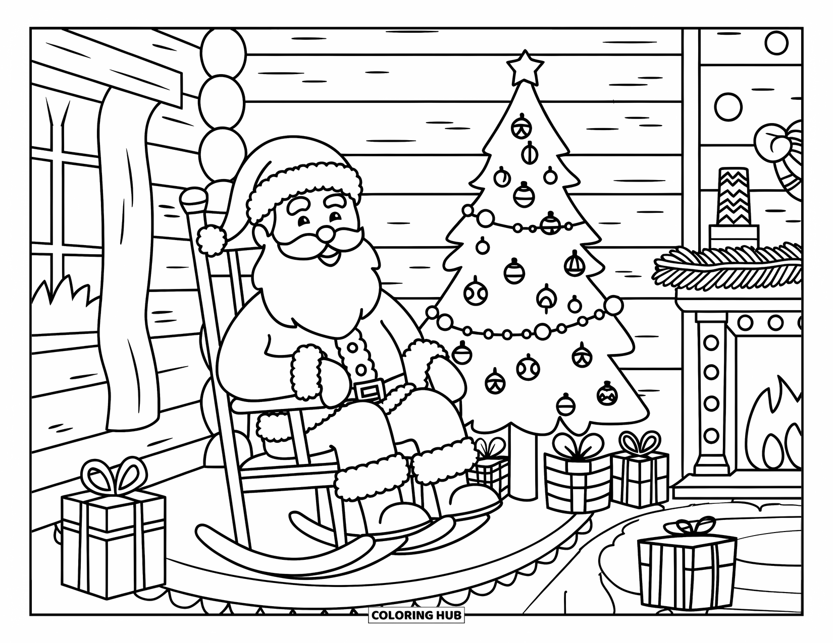 Kolorowanka z Mikołajem dla dorosłych: Wewnątrz chaty Mikołaja skarpety wiszą przy kominku, gdy on cieszy się spokojną świąteczną chwilą