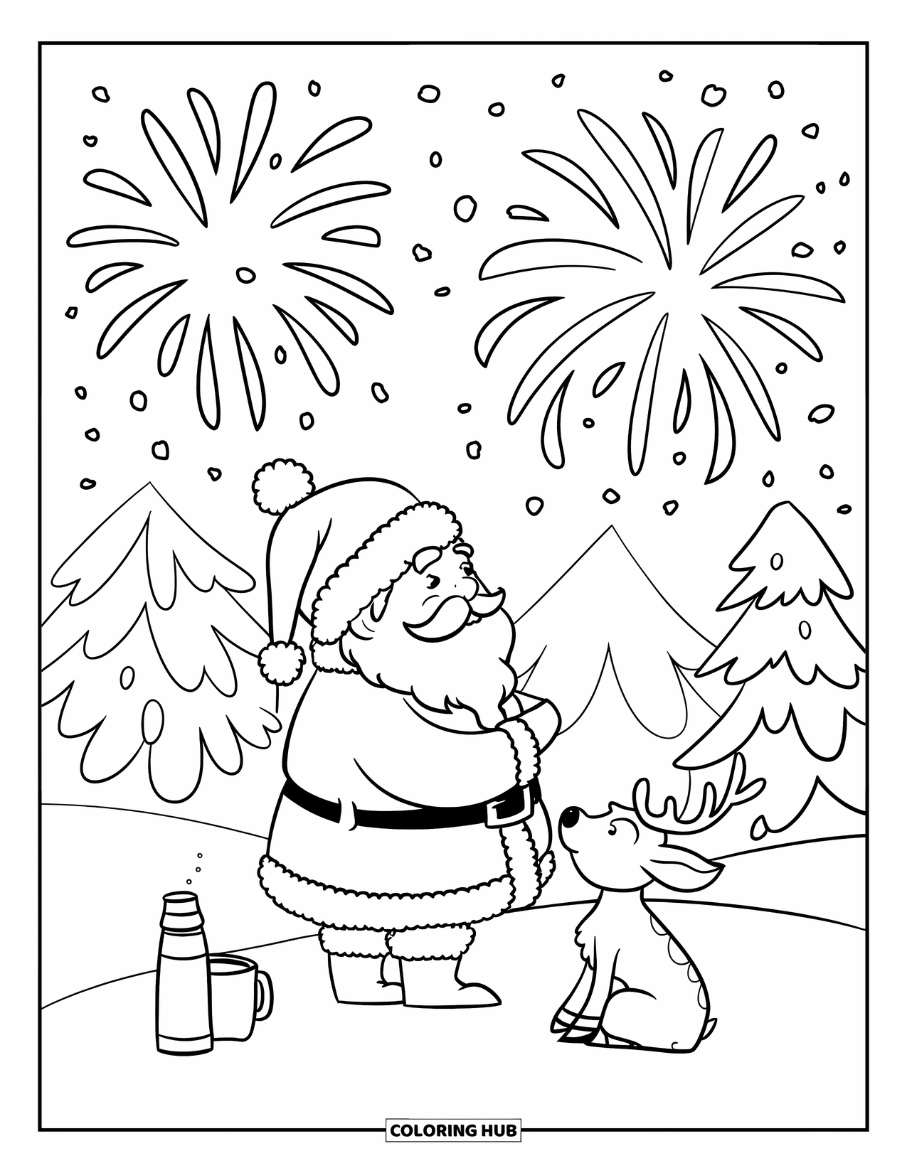 Kolorowanka z Mikołajem dla dorosłych: Mikołaj i mały renifer wpatrują się w niebo wypełnione kolorowymi fajerwerkami