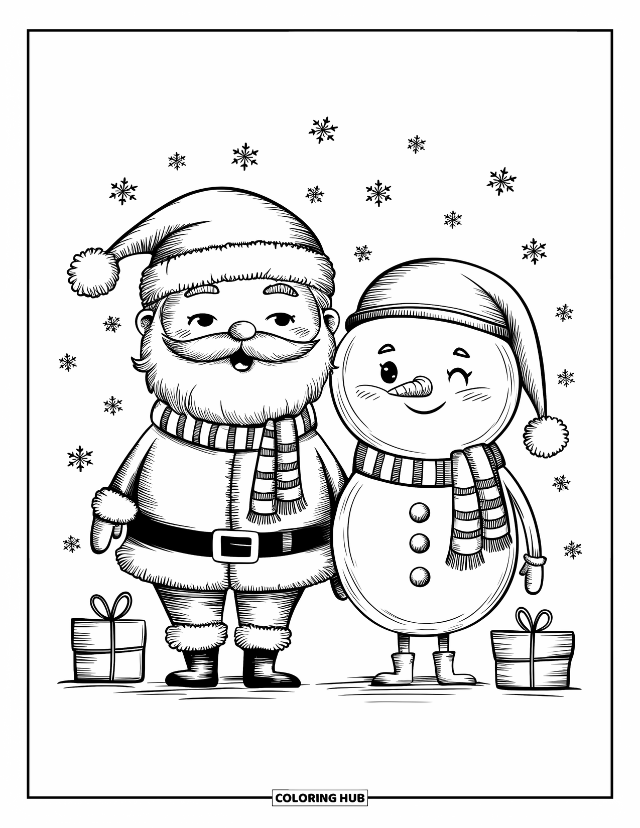 Kolorowanka z Mikołajem dla dorosłych: Mikołaj i bałwan stoją razem, otoczeni delikatnie opadającymi płatkami śniegu
