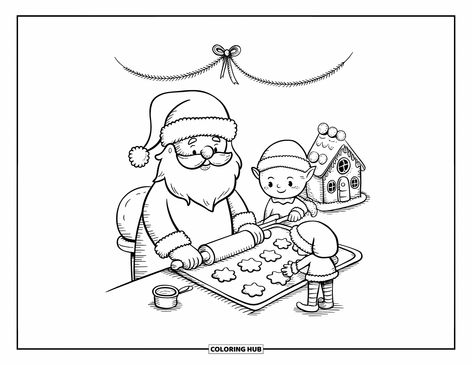 Kolorowanka z Mikołajem dla dorosłych: Mikołaj i elf pieką razem ciasteczka, dekorując w pobliżu piernikowy domek