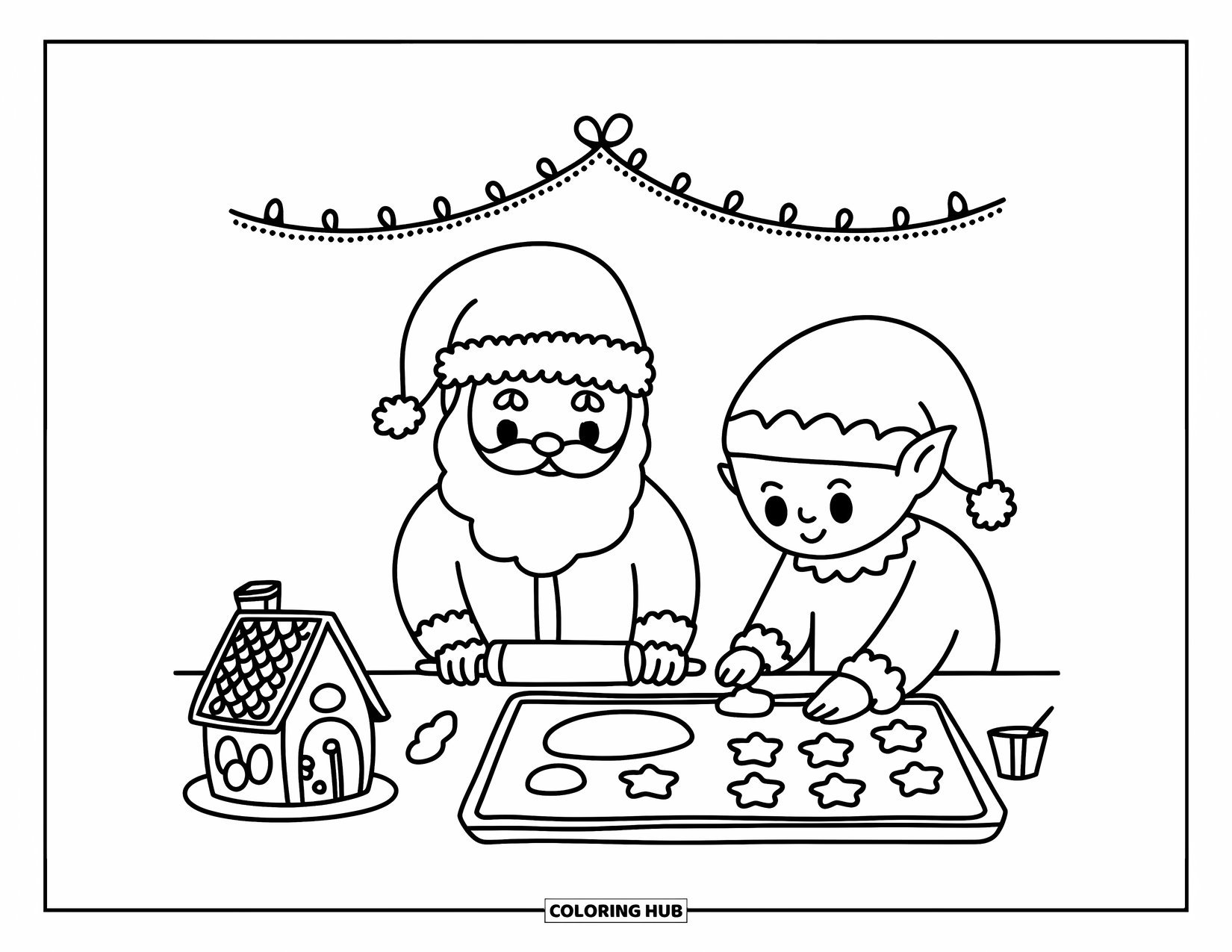 Kolorowanka z Mikołajem dla dorosłych: Mikołaj i elf przygotowują świąteczne ciasteczka pod girlandą migoczących światełek