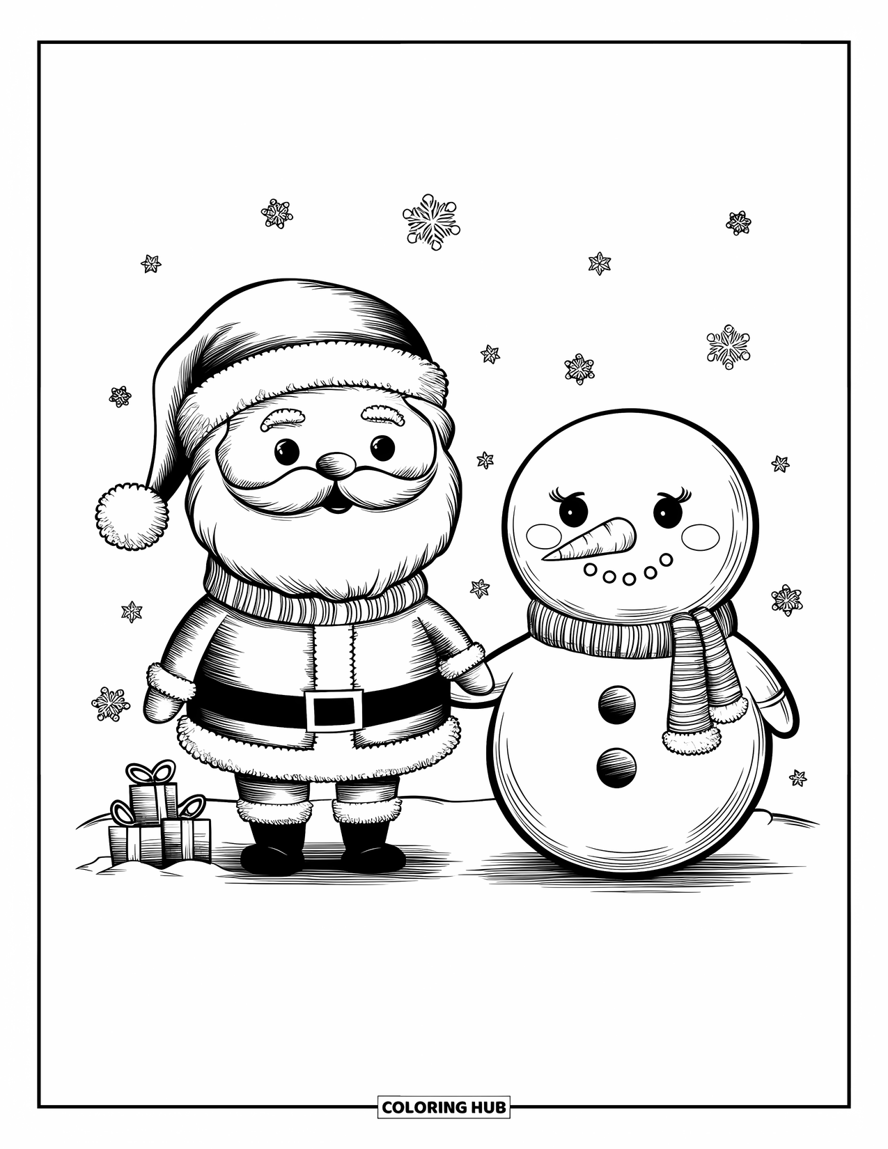 Kolorowanka z Mikołajem dla dorosłych: Mikołaj i jego przyjaciel bałwan trzymają się za ręce, dzieląc się świąteczną zimową chwilą