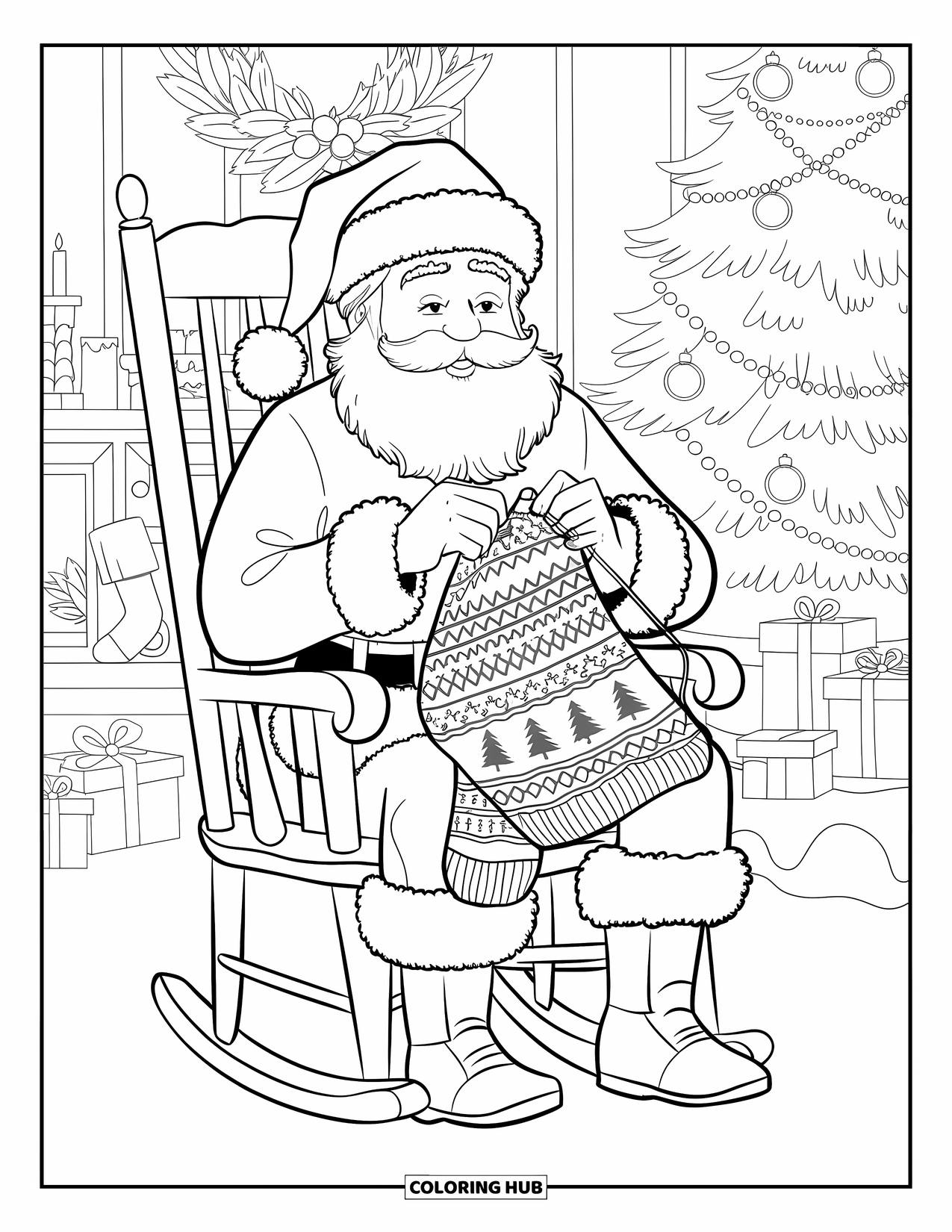 Kolorowanka z Mikołajem dla dorosłych: Mikołaj ostrożnie robi na drutach przytulny świąteczny sweter, otoczony świątecznymi dekoracjami