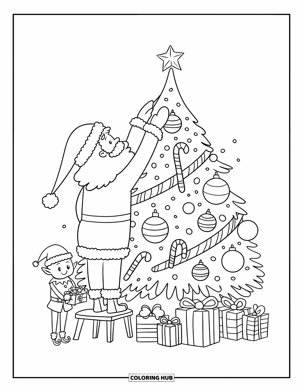 Kolorowanka z Mikołajem dla dorosłych: Mikołaj ostrożnie umieszcza błyszczącą gwiazdę na szczycie ogromnej choinki, a elf mu pomaga