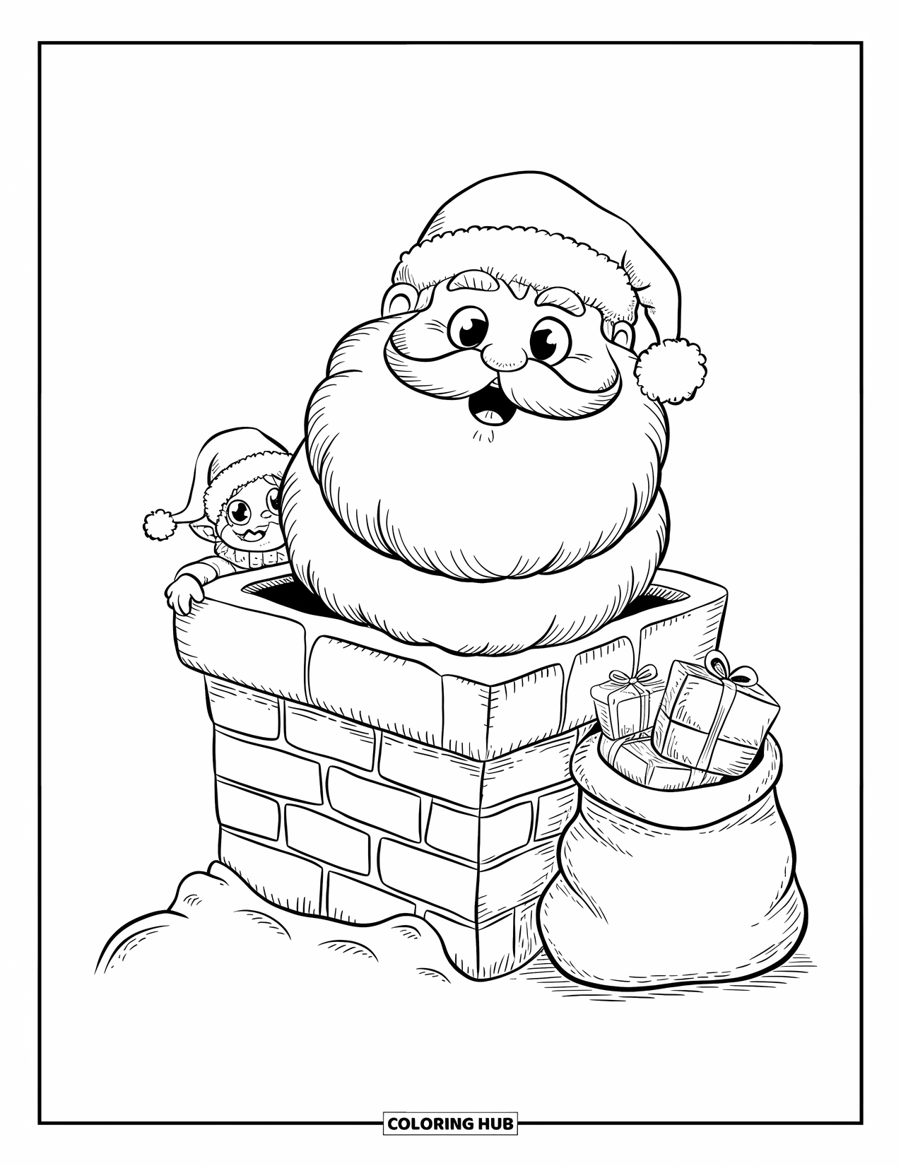 Kolorowanka z Mikołajem dla dorosłych: Mikołaj uczepia się komina, wyglądając na zaskoczonego, gdy elf próbuje mu pomóc zejść