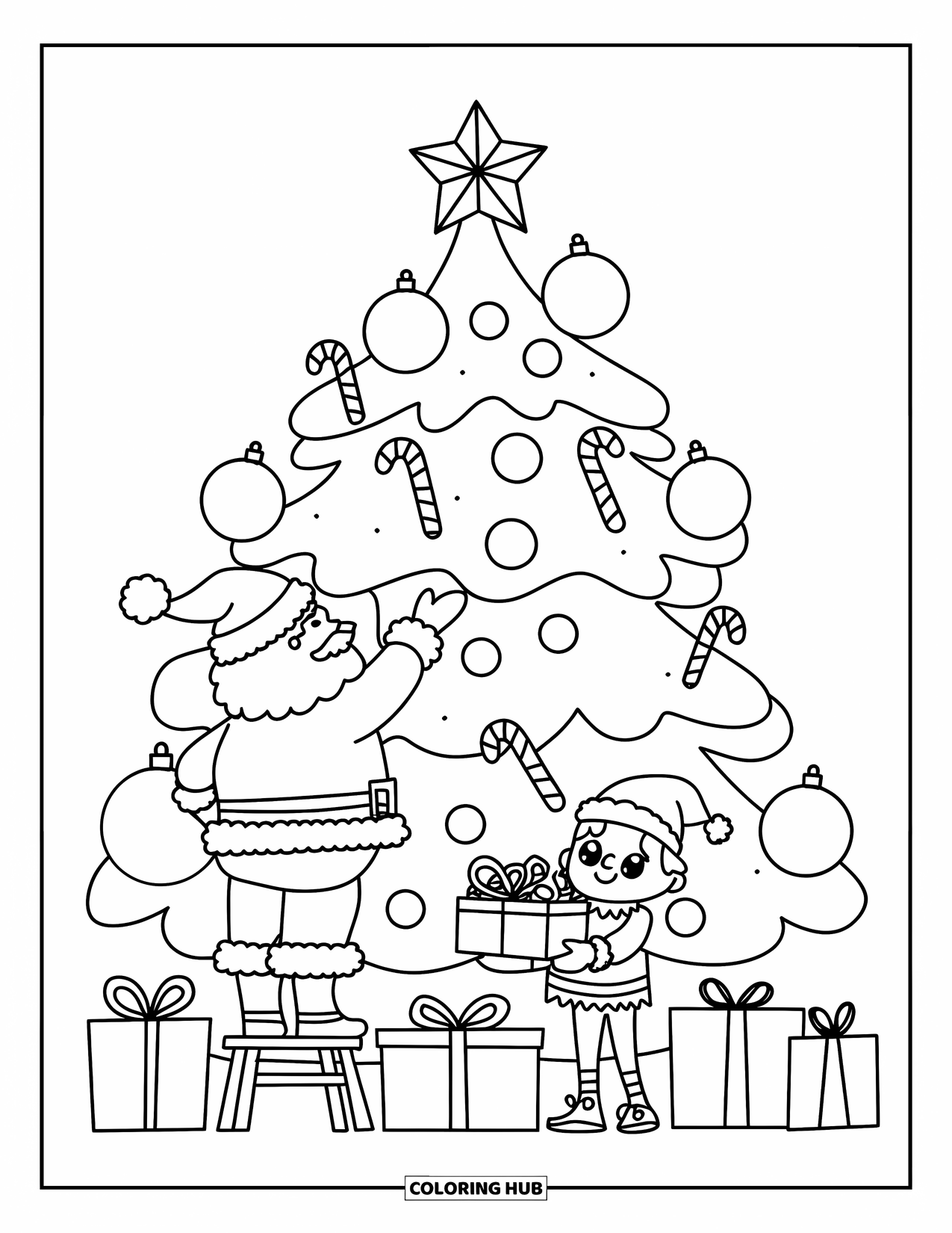 Kolorowanka z Mikołajem dla dorosłych: Mikołaj dekoruje wysoką choinkę, a elf podaje mu ozdoby