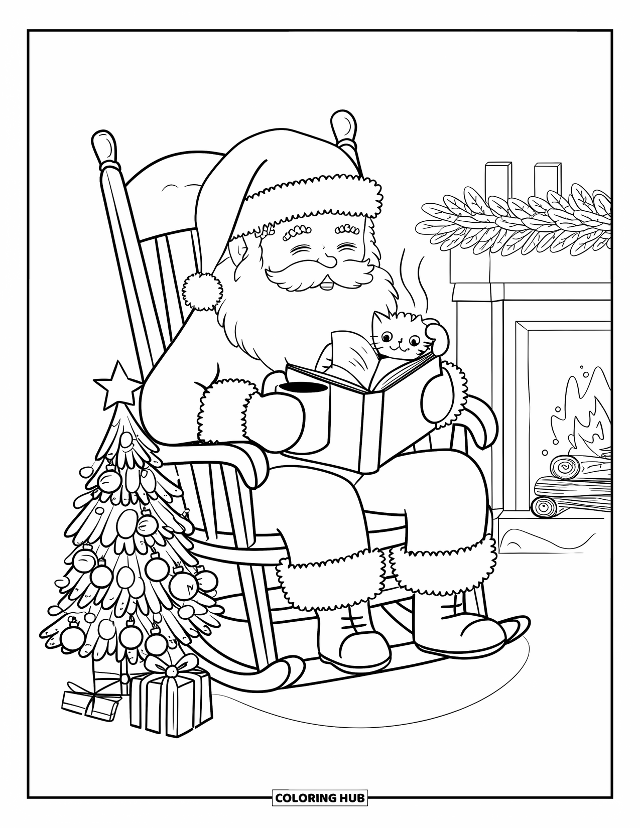 Kolorowanka z Mikołajem dla dorosłych: Mikołaj cieszy się spokojną chwilą przy ogniu, czytając z kotkiem zwiniętym w kłębek w pobliżu