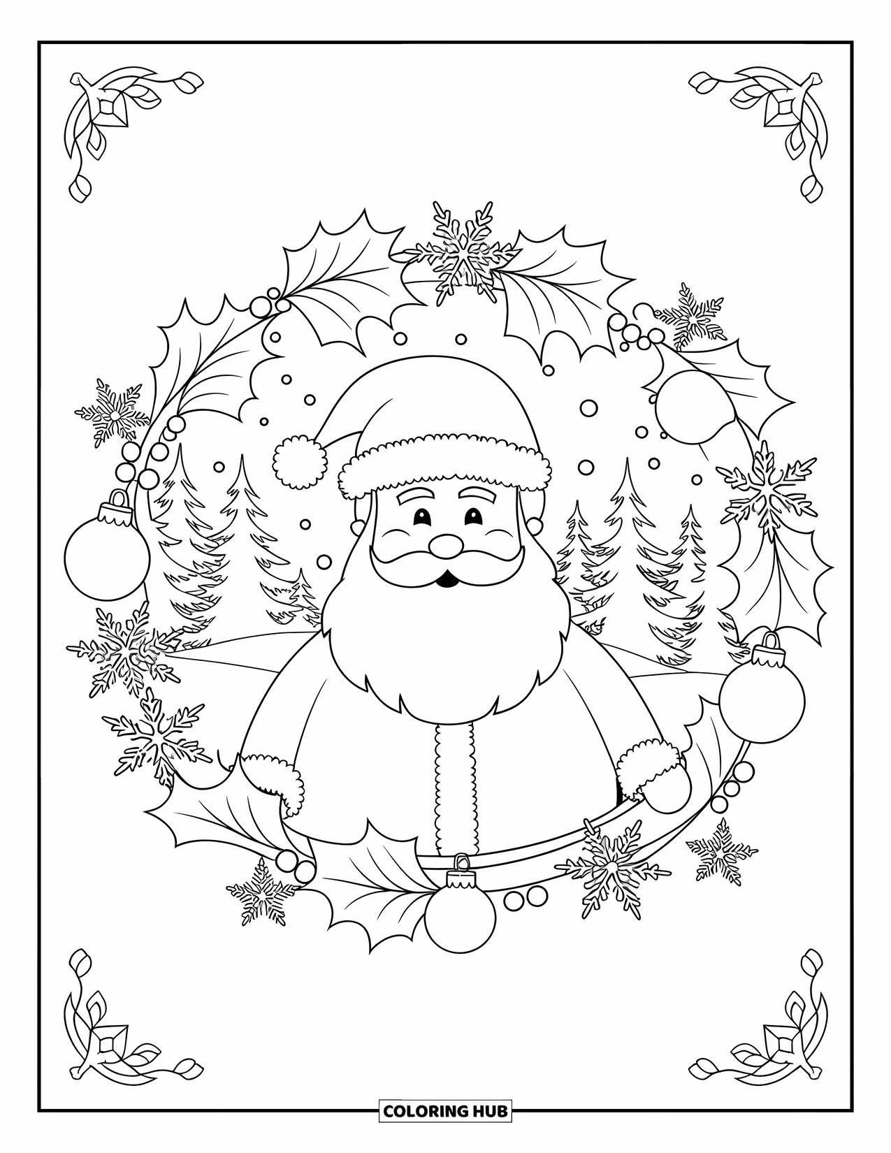 Kolorowanka z Mikołajem dla dorosłych: Mikołaj jest otoczony ostrokrzewem, płatkami śniegu i ozdobami w pięknie szczegółowym projekcie