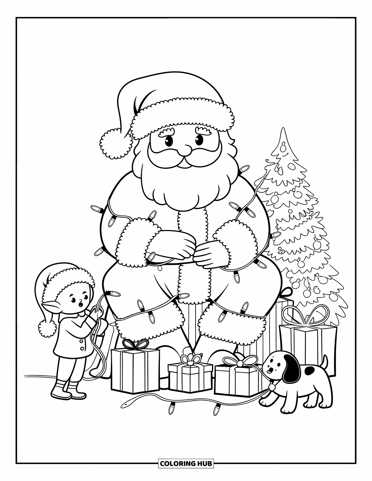 Kolorowanka z Mikołajem dla dorosłych: Mikołaj jest zaplątany w lampki choinkowe, a elf trzyma wtyczkę w osłupieniu