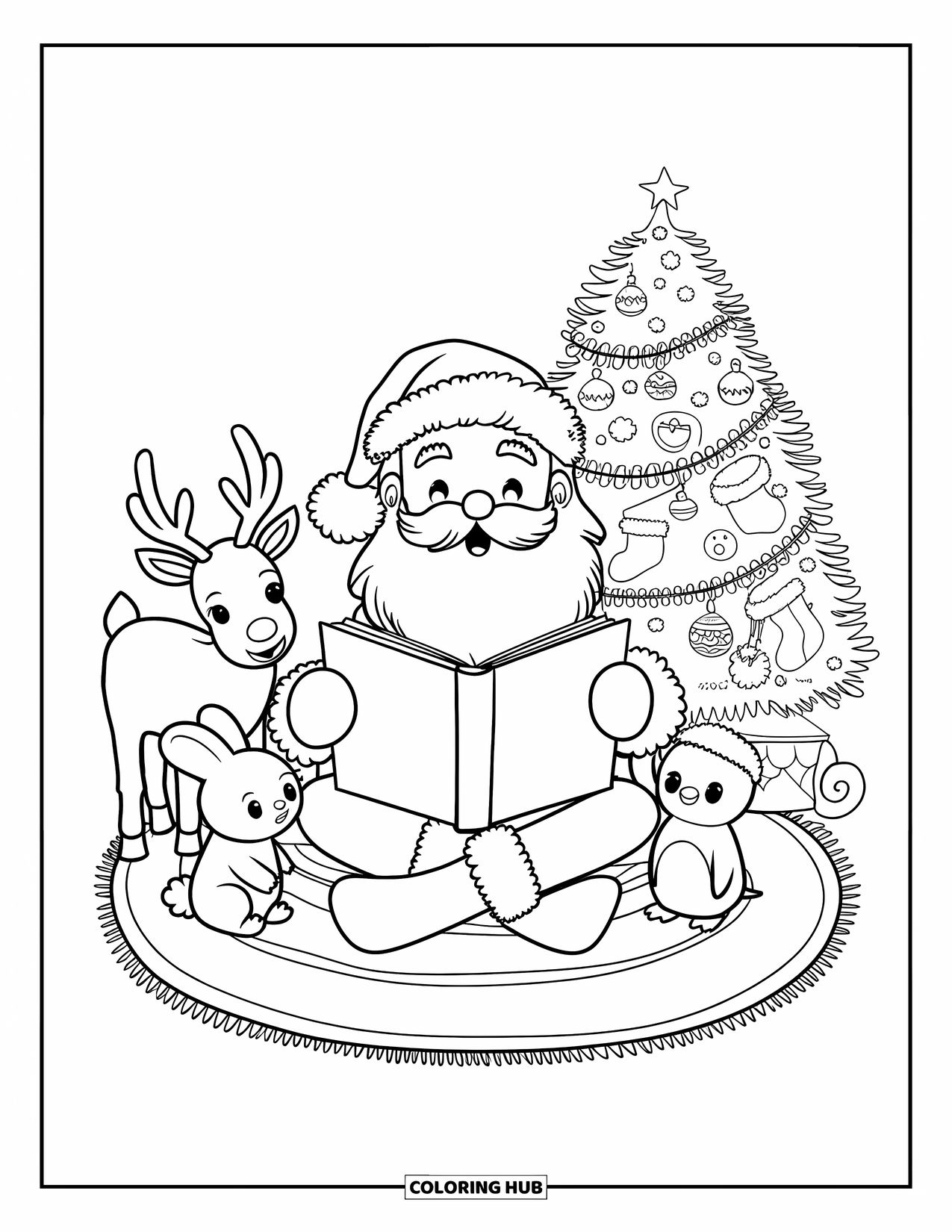 Kolorowanka z Mikołajem dla dorosłych: Mikołaj czyta świąteczną historię grupie przytulnych zwierząt zebranych wokół niego