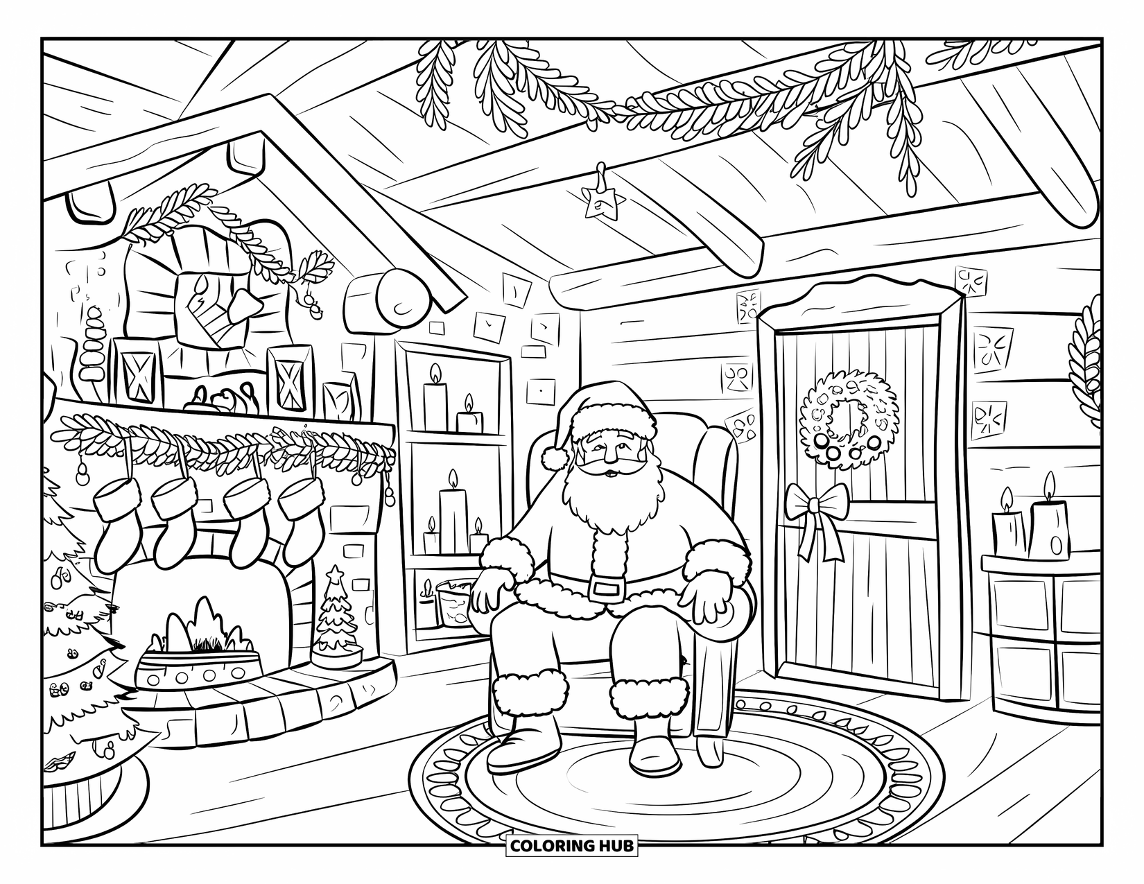 Kolorowanka z Mikołajem dla dorosłych: Mikołaj relaksuje się w fotelu na biegunach, ciesząc się ciepłem swojej świątecznie udekorowanej chatki