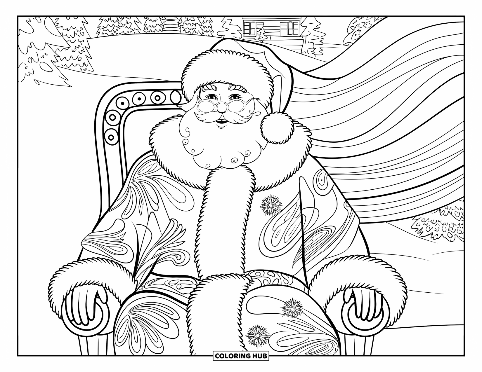 Kolorowanka z Mikołajem dla dorosłych: Mikołaj relaksuje się w ozdobnym krześle, a jego szczegółowe szaty są wypełnione wirującymi świątecznymi wzorami