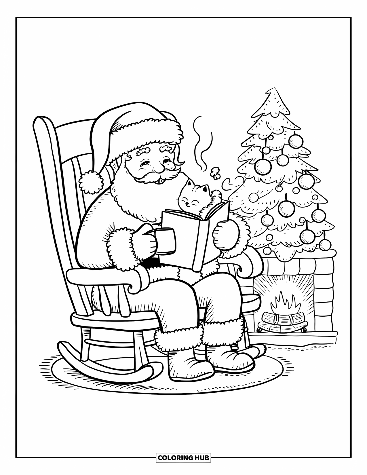 Kolorowanka z Mikołajem dla dorosłych: Mikołaj odpoczywa przy kominku, ciesząc się książką i przytulną świąteczną atmosferą