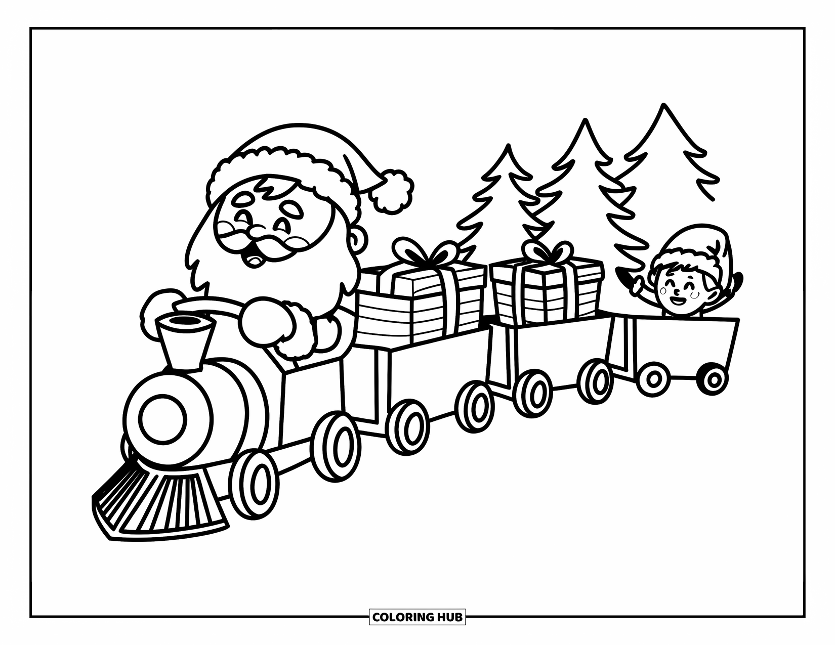 Kolorowanka z Mikołajem dla dorosłych: Mikołaj jedzie małym pociągiem z zabawkami, dostarczając prezenty z radosnym uśmiechem
